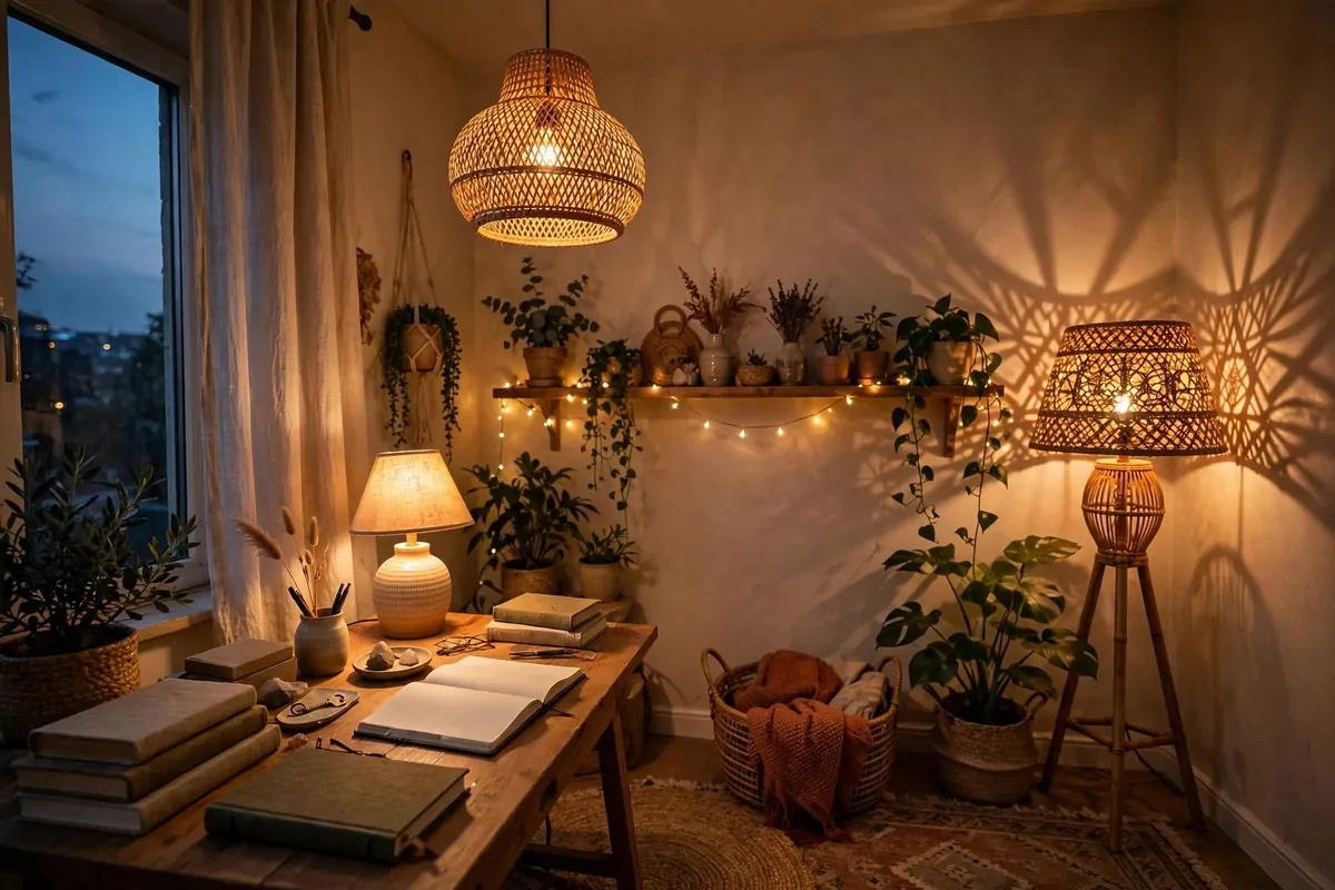 17 Anthropologie Office Inspiration Looks With Boho Charm 17 Warm layered lighting with floor lamp and string lights in boho office