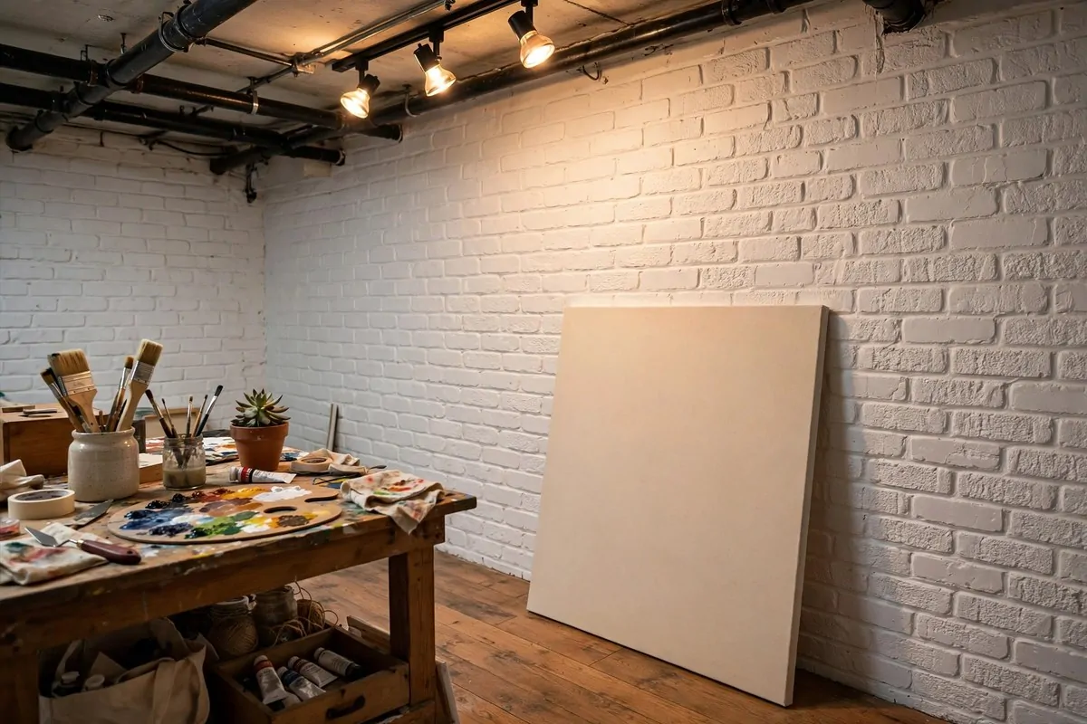 17 Basement Art Studio Ideas for a Cozy, Creative Hideaway 1 Window wells with daylight LED panels lighting a cozy basement art studio