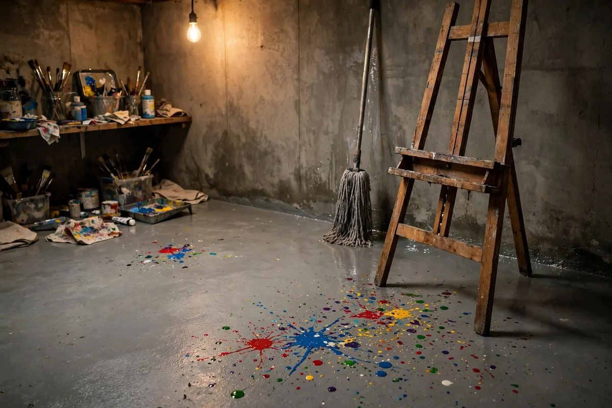17 Basement Art Studio Ideas for a Cozy, Creative Hideaway 2 Sealed concrete floor with paint splatters in a basement art studio