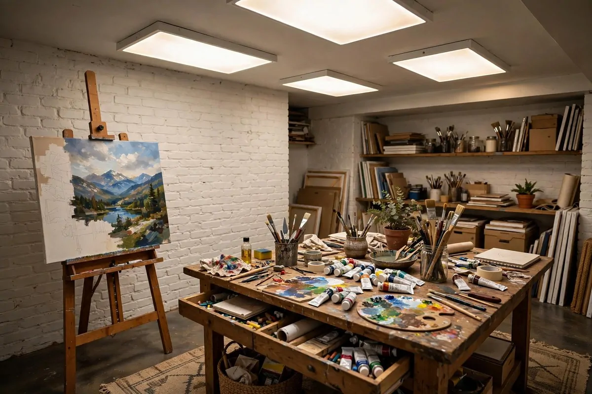 17 Basement Art Studio Ideas for a Cozy, Creative Hideaway 3 Bright white painted brick walls in a basement art studio