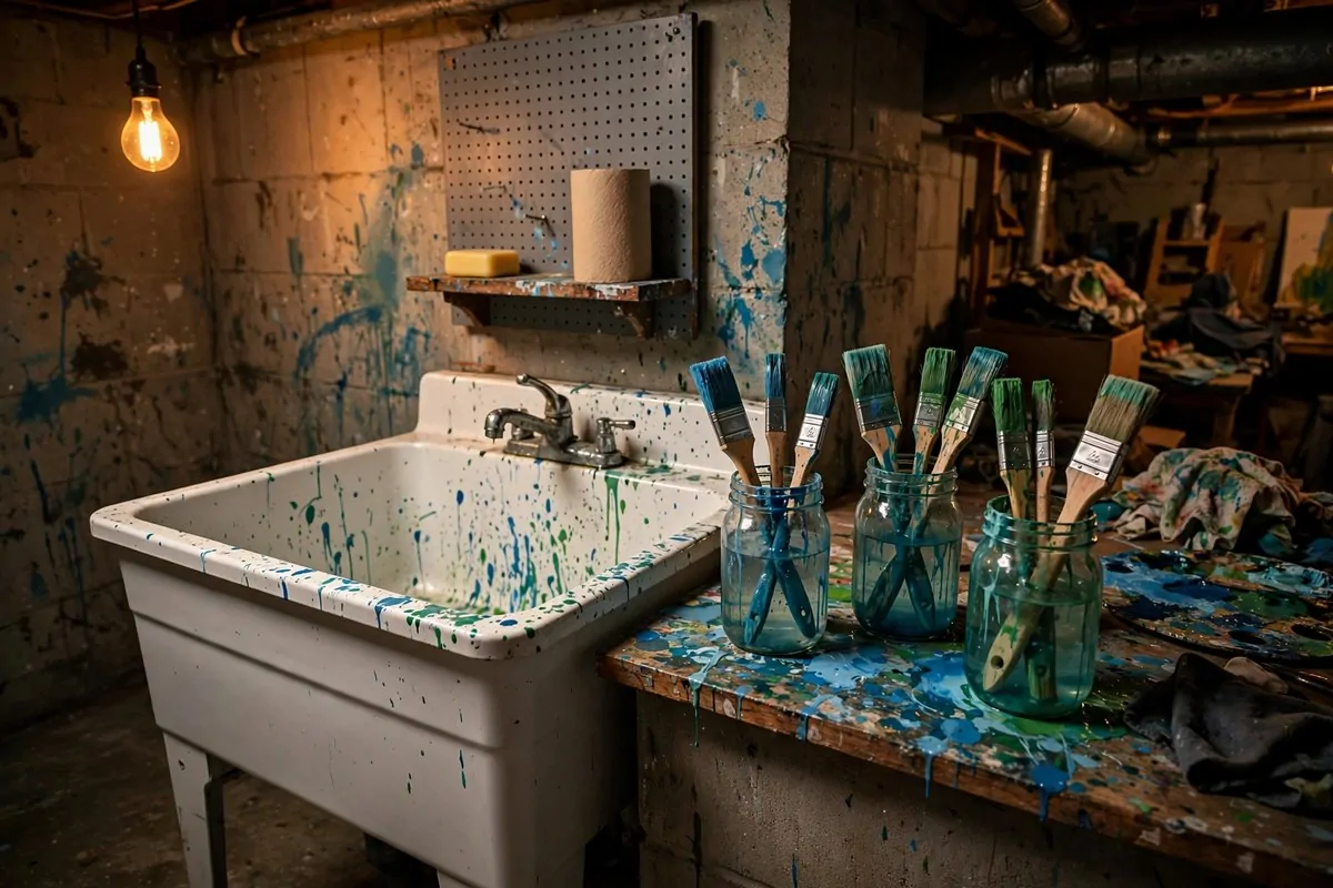 17 Basement Art Studio Ideas for a Cozy, Creative Hideaway 4 Deep utility sink with brushes and jars in a basement art studio