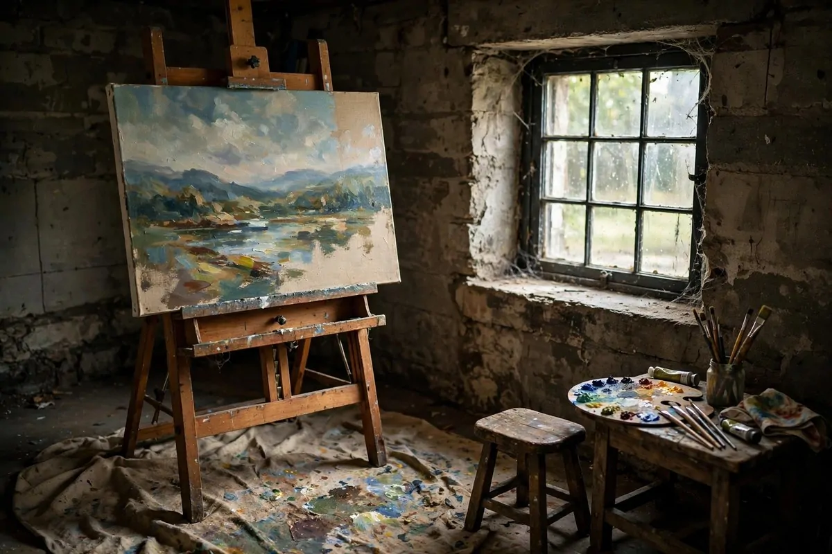 17 Basement Art Studio Ideas for a Cozy, Creative Hideaway 5 Wooden easel with canvas beside a basement window