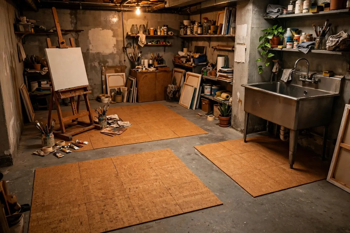 17 Basement Art Studio Ideas for a Cozy, Creative Hideaway 6 Warm cork tile flooring under a work table in a basement art studio
