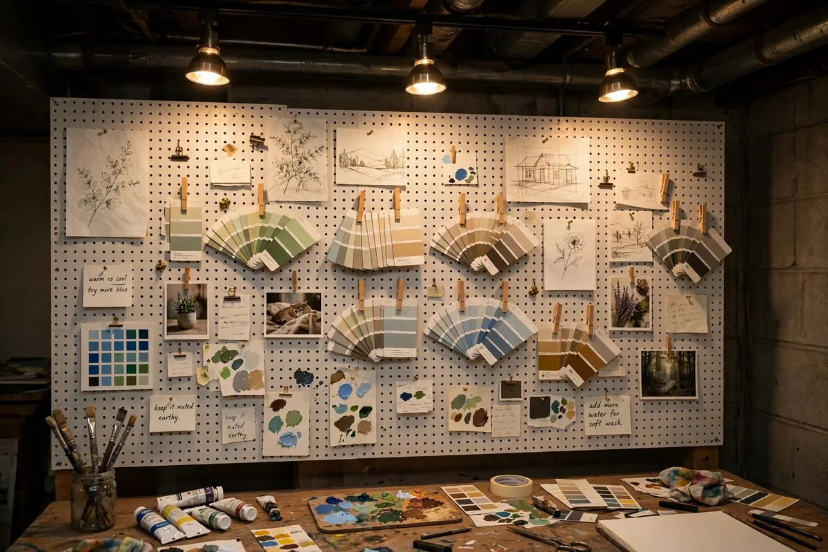 17 Basement Art Studio Ideas for a Cozy, Creative Hideaway 7 Pegboard inspiration wall with sketches and color swatches in a basement art studio