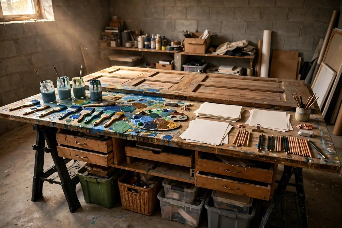 17 Basement Art Studio Ideas for a Cozy, Creative Hideaway 8 Large work table with paints, brushes and paper in a basement art studio