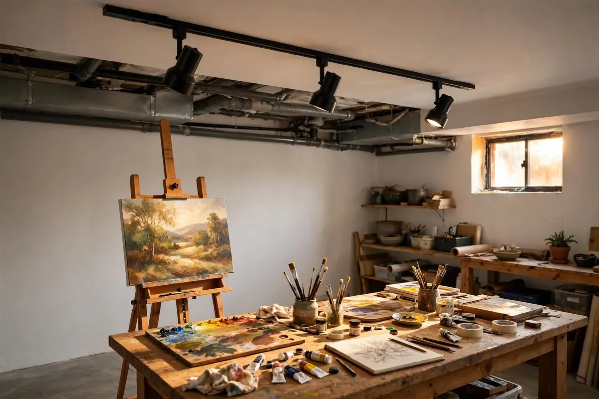 17 Basement Art Studio Ideas for a Cozy, Creative Hideaway 9 Track lighting aimed at work areas in a basement art studio
