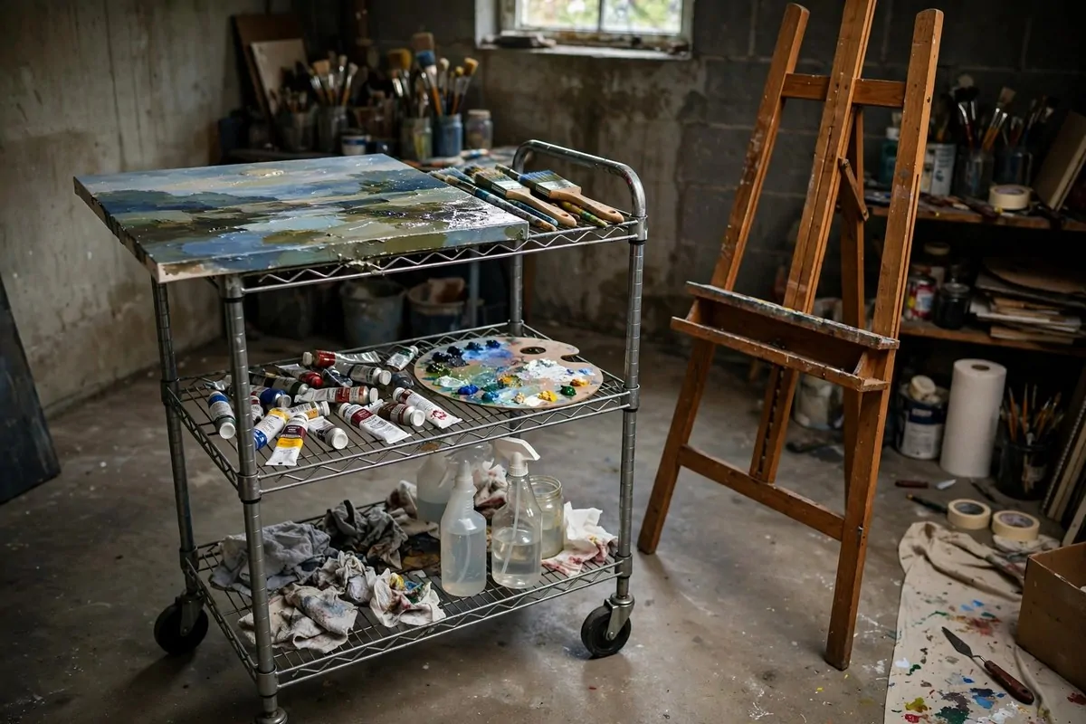 17 Basement Art Studio Ideas for a Cozy, Creative Hideaway 10 Rolling art cart with paint supplies in a basement art studio