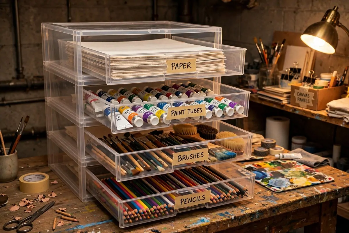 17 Basement Art Studio Ideas for a Cozy, Creative Hideaway 11 Labeled storage drawers full of art supplies in a basement art studio