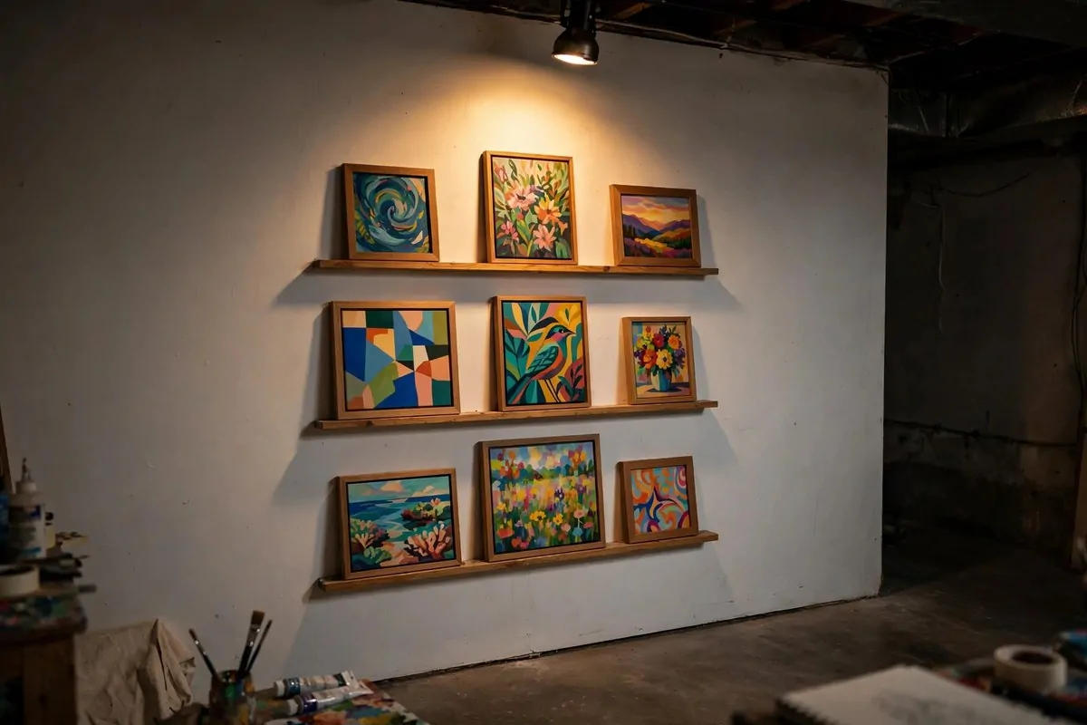 17 Basement Art Studio Ideas for a Cozy, Creative Hideaway 12 Gallery wall with framed art on white basement wall