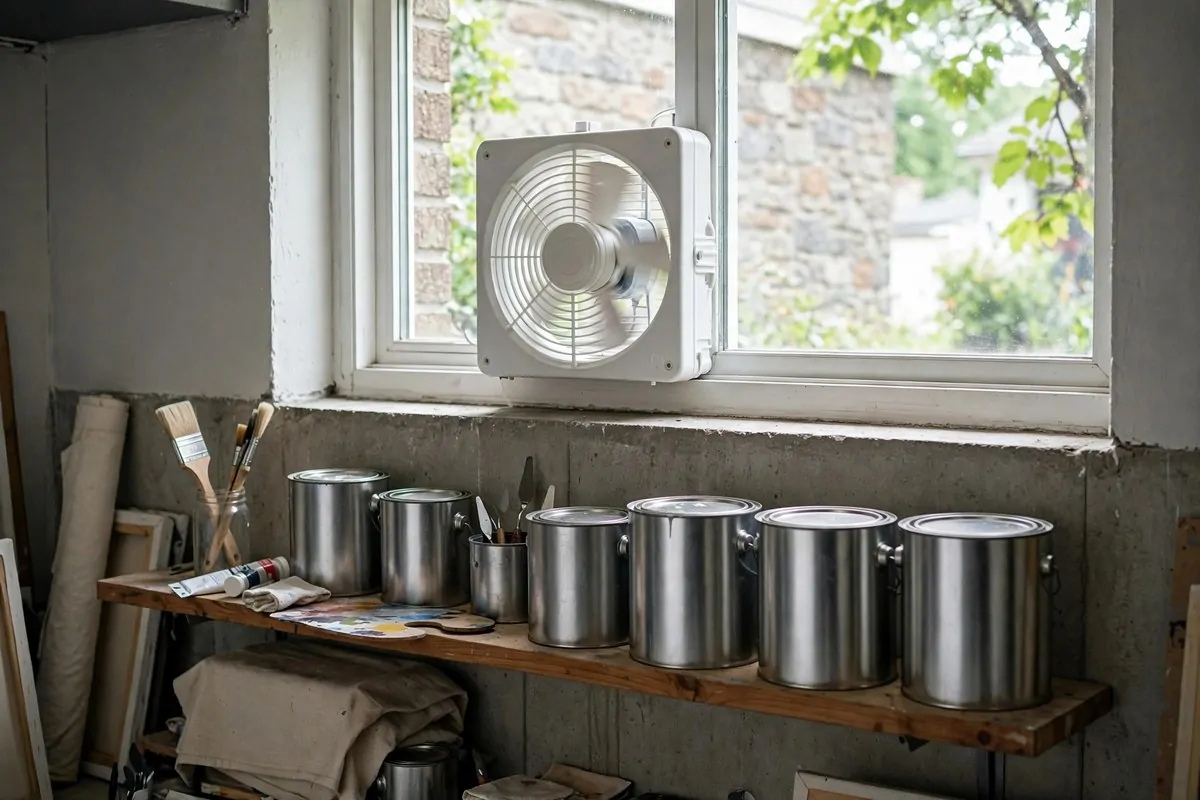 17 Basement Art Studio Ideas for a Cozy, Creative Hideaway 13 Small ventilation fan and open basement window in an art studio