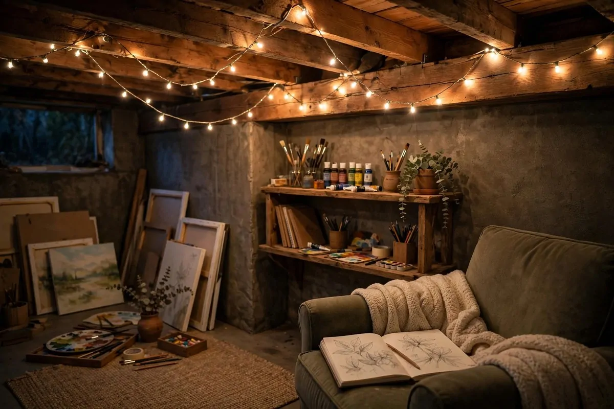17 Basement Art Studio Ideas for a Cozy, Creative Hideaway 14 Warm string lights glowing over a cozy basement art studio corner