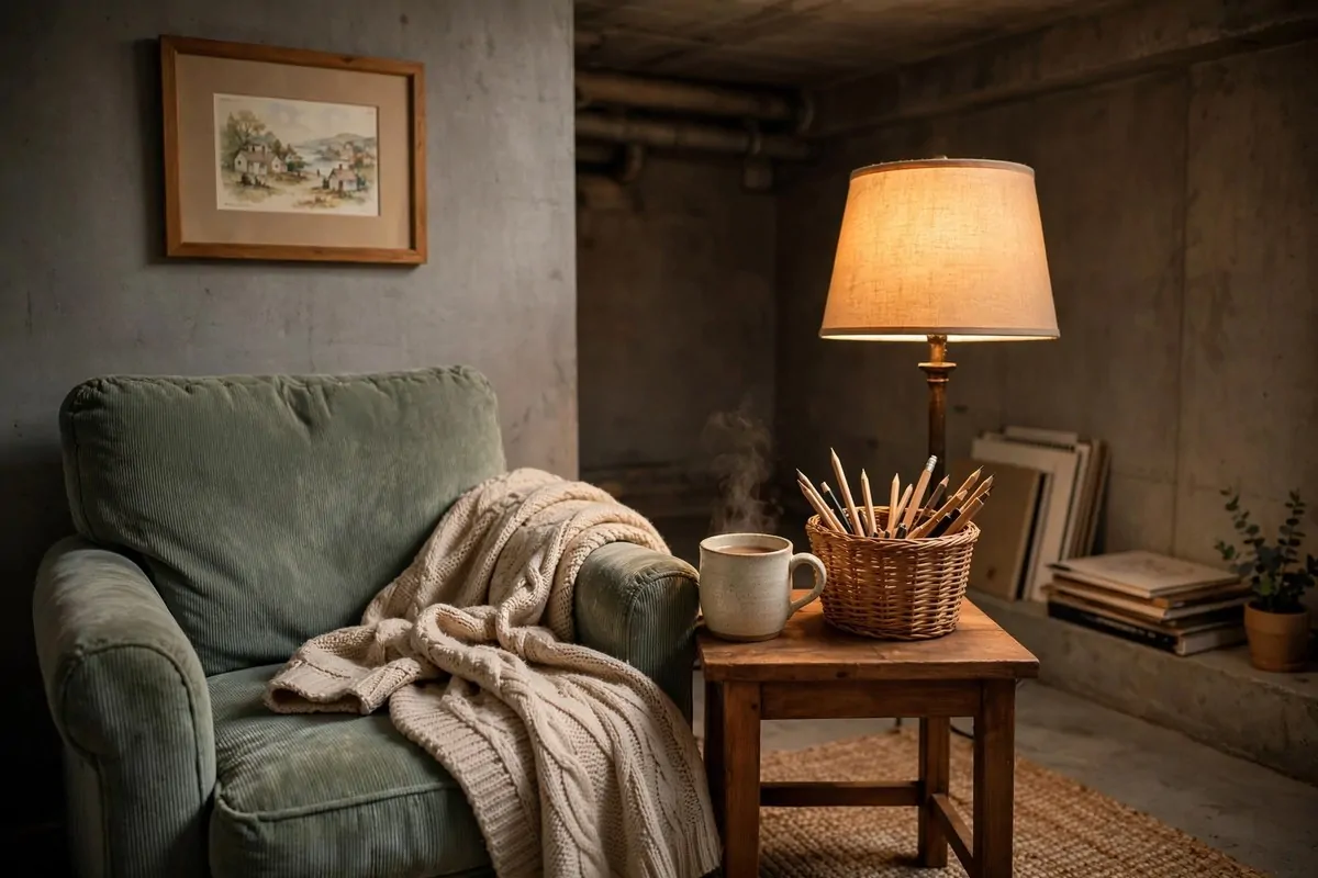 17 Basement Art Studio Ideas for a Cozy, Creative Hideaway 15 Cozy armchair with sketchbook and lamp in a basement art studio corner
