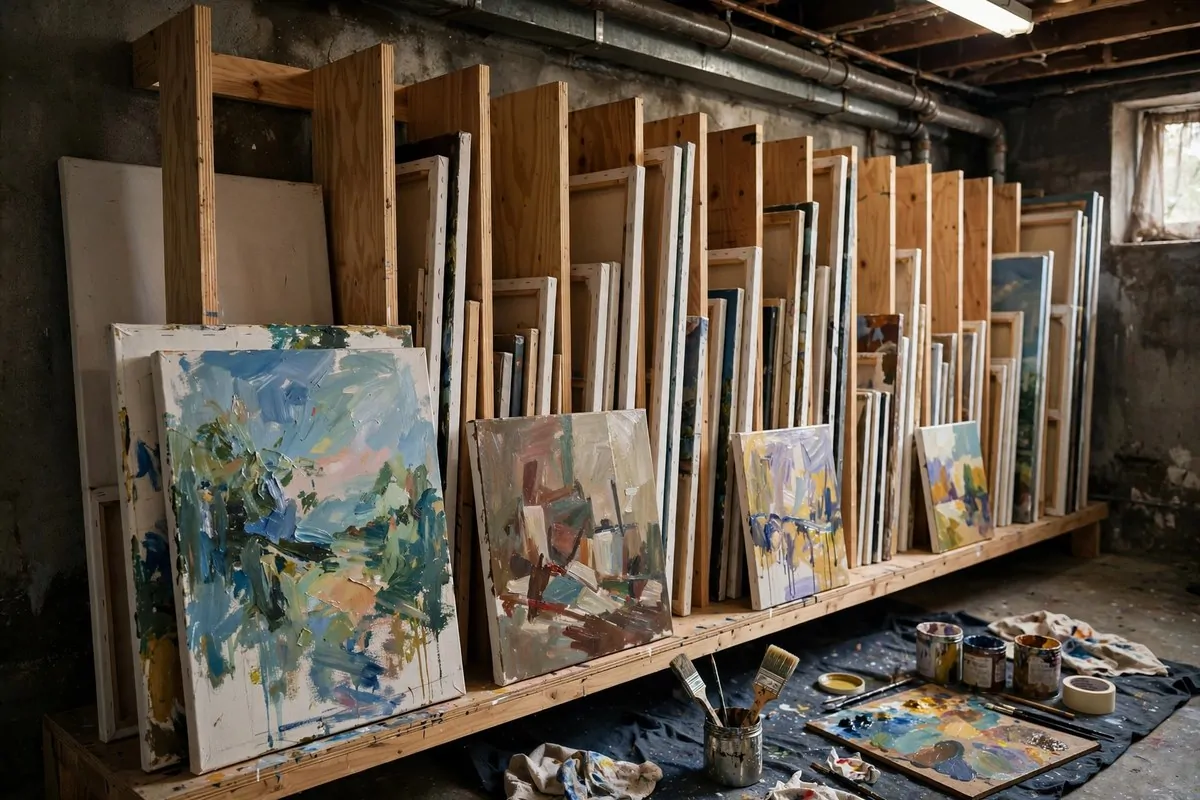 17 Basement Art Studio Ideas for a Cozy, Creative Hideaway 16 Vertical canvas storage slots along a basement wall