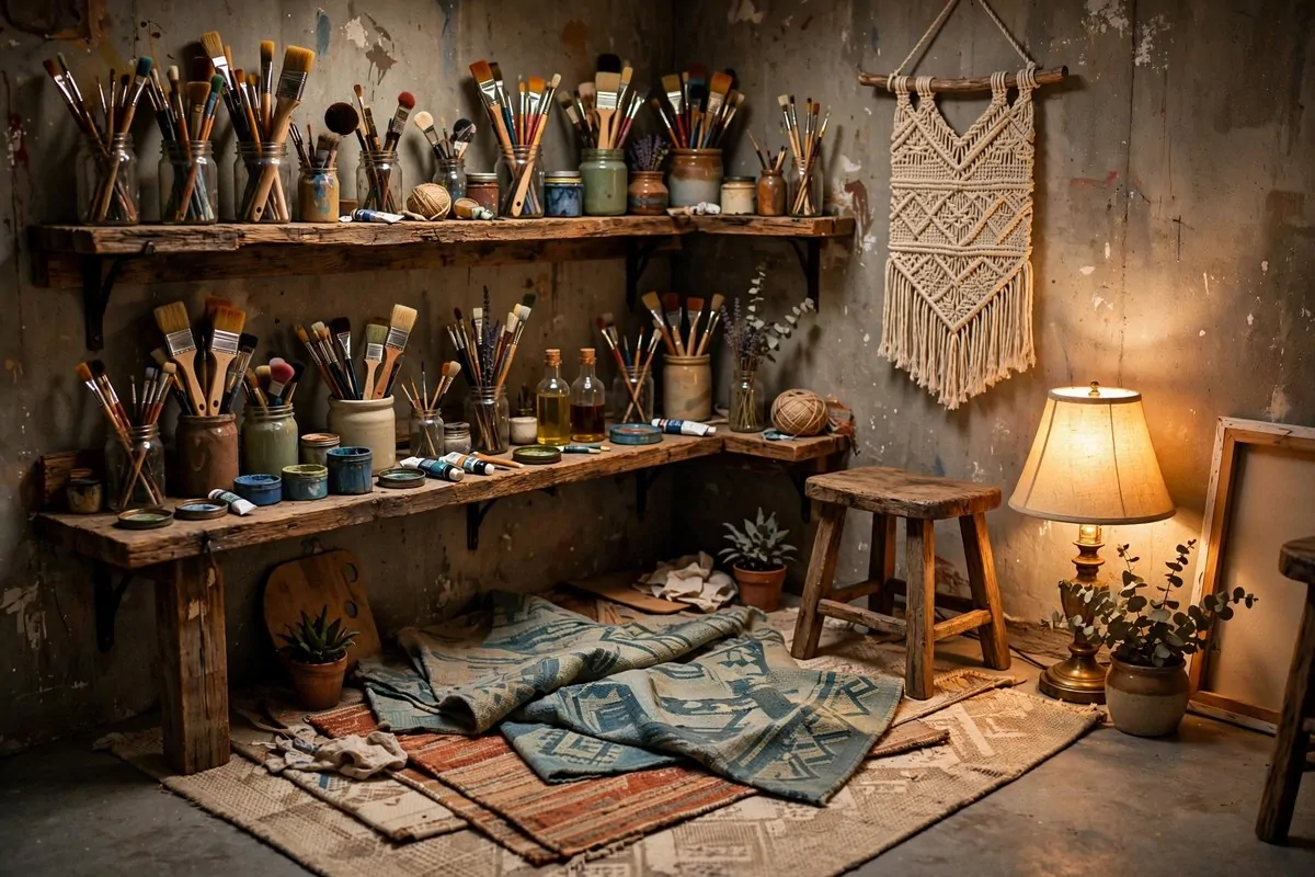 17 Basement Art Studio Ideas for a Cozy, Creative Hideaway 17 Warm wood shelves and layered rugs in a cozy basement art studio