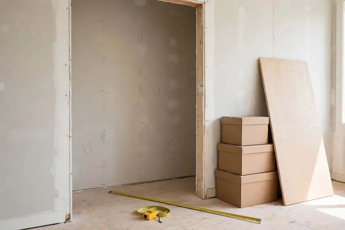 17 Closet Converted to Office Projects Worth Copying 1 An empty closet with a tape measure on the floor, boxes stacked beside it and a wooden desk board leaning against the wall