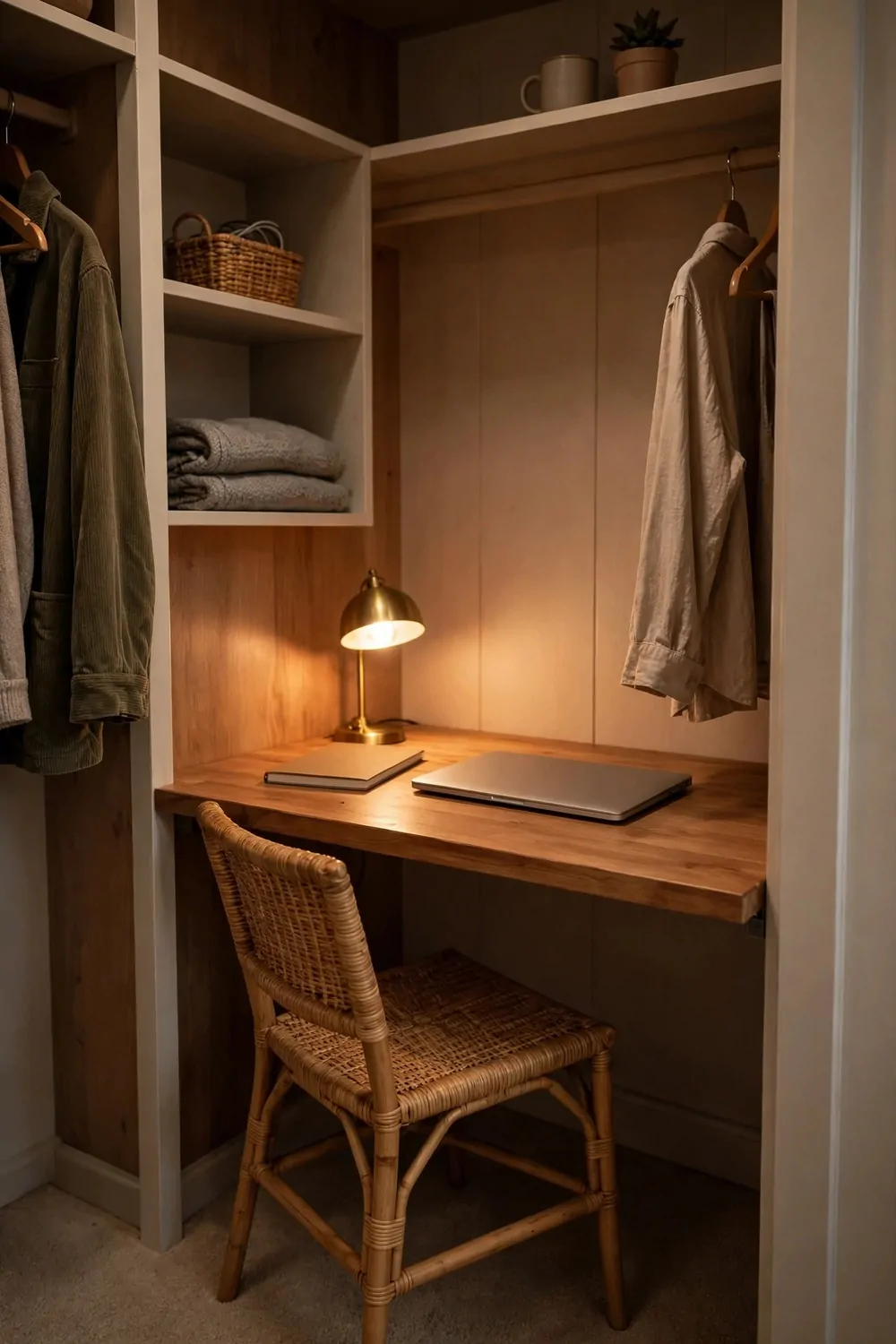 17 Closet Converted to Office Projects Worth Copying 2 A fitted wooden desk board across a closet with a laptop, lamp and notebook, a woven chair tucked underneath