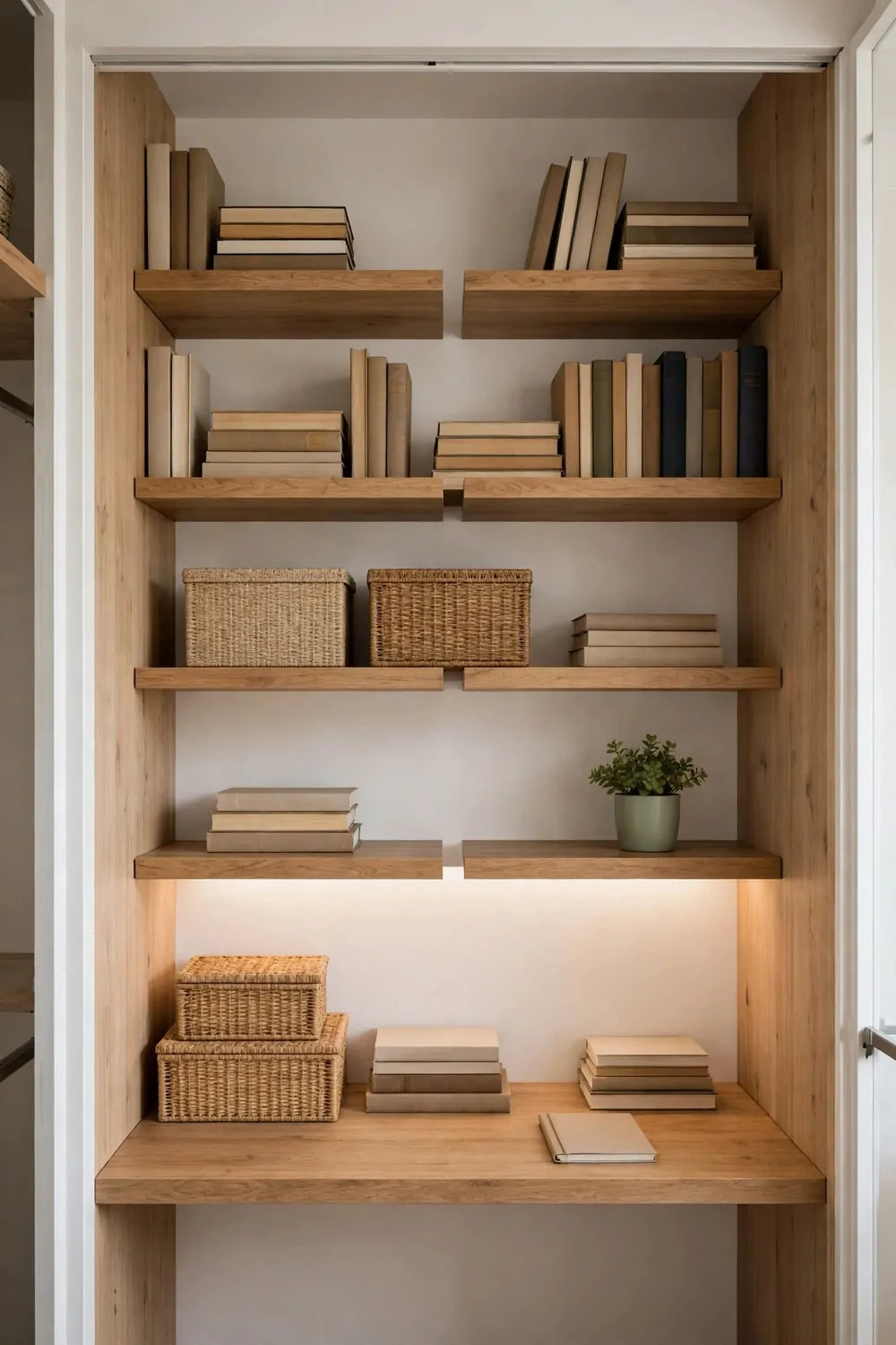 17 Closet Converted to Office Projects Worth Copying 3 A wall of floating wooden shelves above a closet desk holding books, woven baskets and a small plant