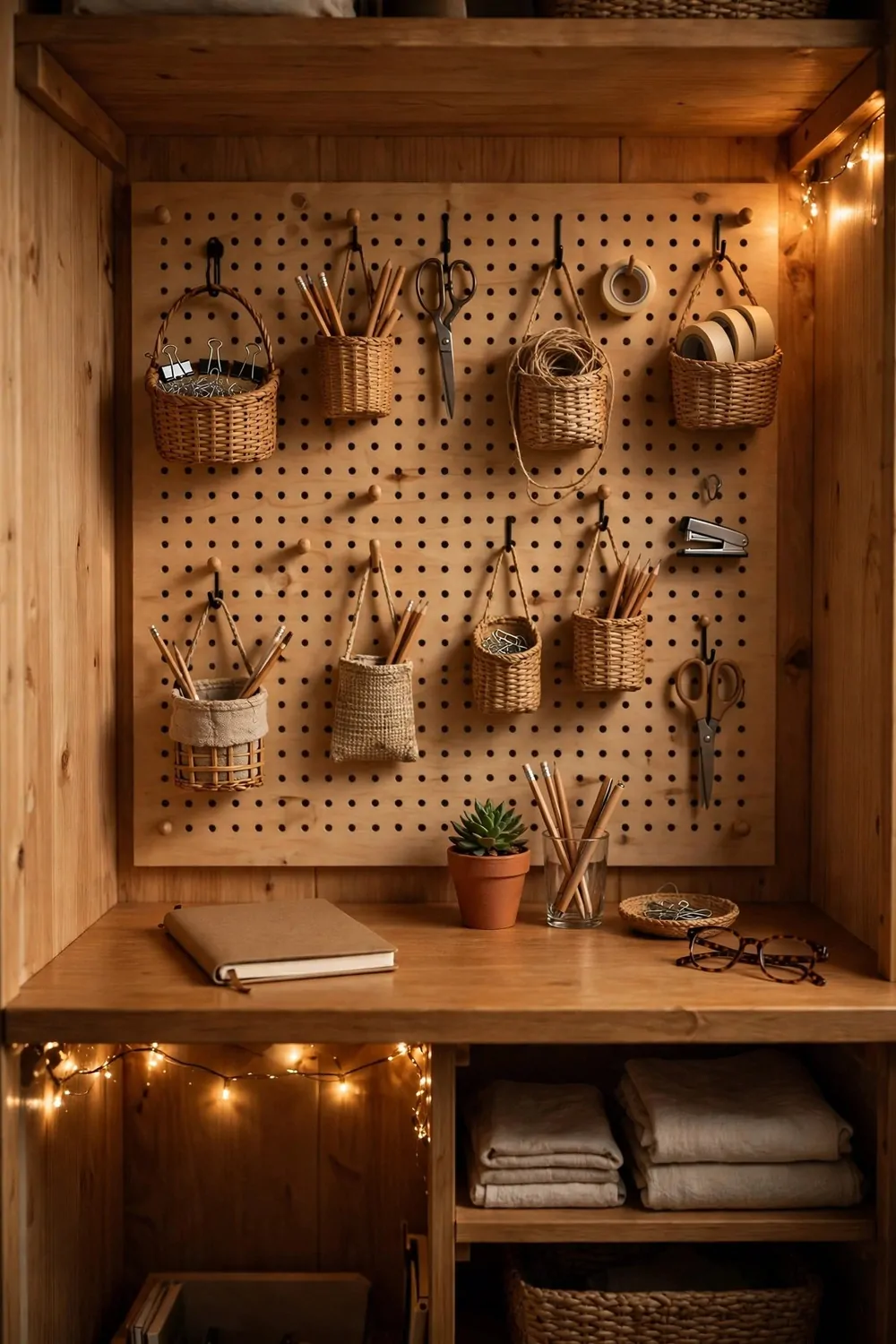 17 Closet Converted to Office Projects Worth Copying 4 A pegboard wall above a closet desk with hooks, small baskets and hanging supplies