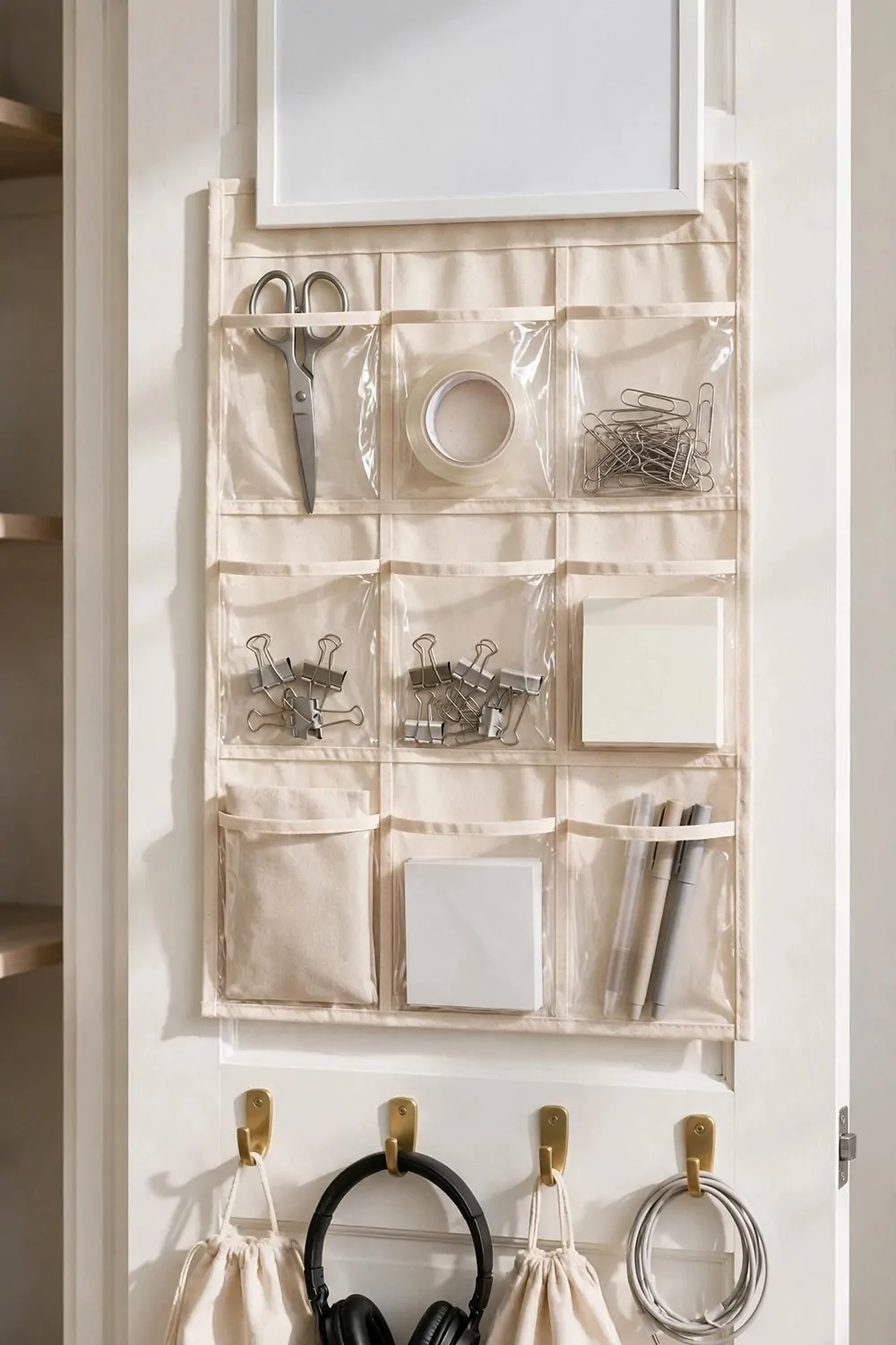 17 Closet Converted to Office Projects Worth Copying 5 The back of a closet door with hooks, clear organizer pockets and a small whiteboard