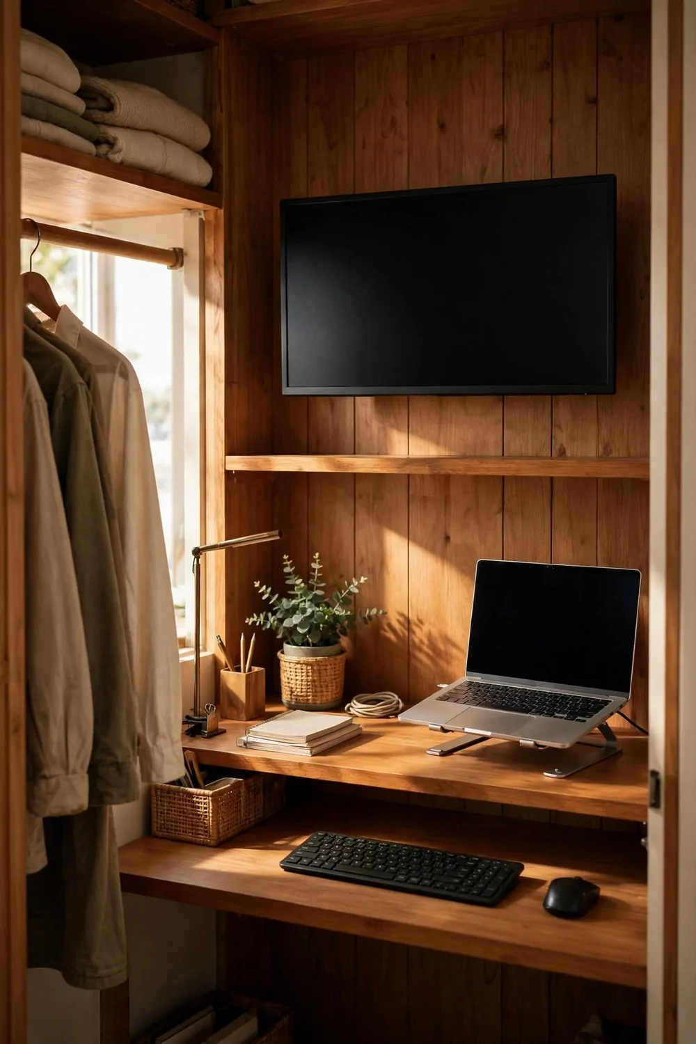 17 Closet Converted to Office Projects Worth Copying 6 A wall-mounted monitor above a closet desk, laptop on a stand beside it, keyboard and mouse below