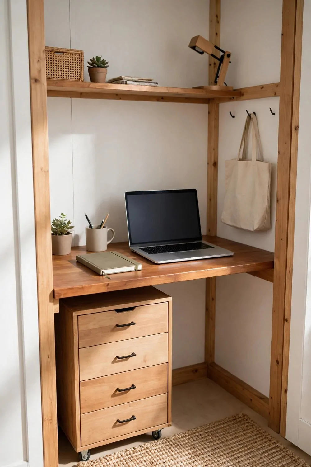 17 Closet Converted to Office Projects Worth Copying 7 A rolling drawer unit under a closet desk, laptop and notebook on the desk above