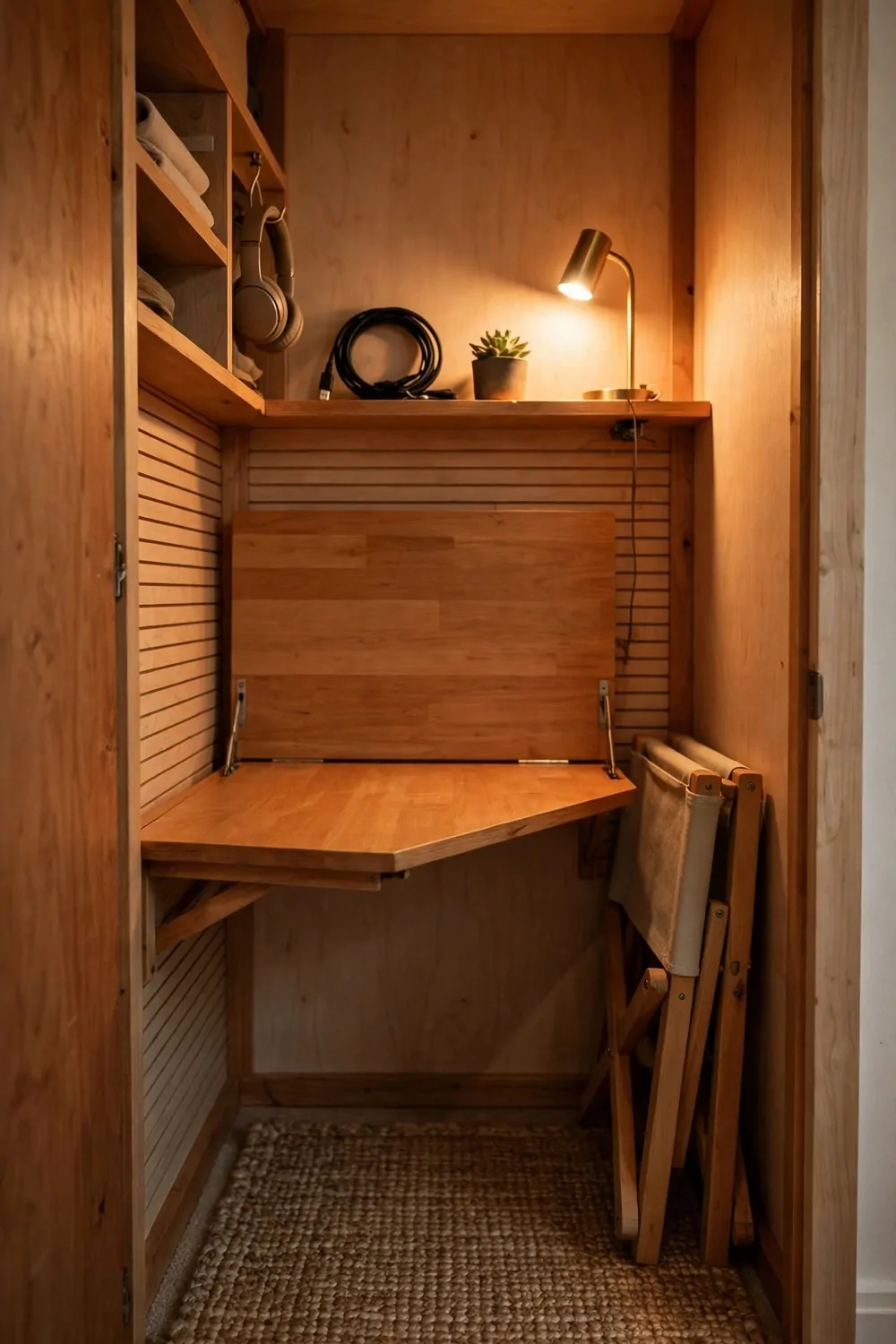 17 Closet Converted to Office Projects Worth Copying 8 A fold-down wooden desk open inside a closet nook, with a folding stool tucked beside it