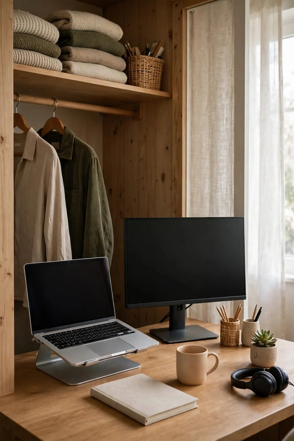 17 Closet Converted to Office Projects Worth Copying 9 A closet desk with a laptop on a stand and a second screen beside it, notebook and mug nearby