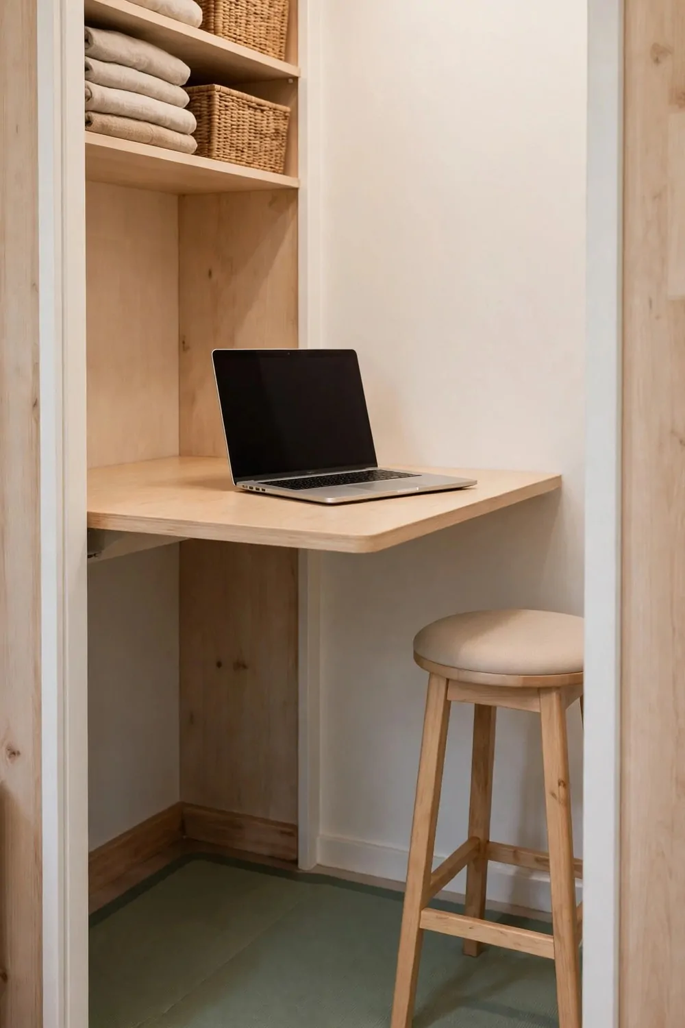 17 Closet Converted to Office Projects Worth Copying 10 A standing desk setup inside a closet, laptop on a high board, soft mat on the floor, stool nearby