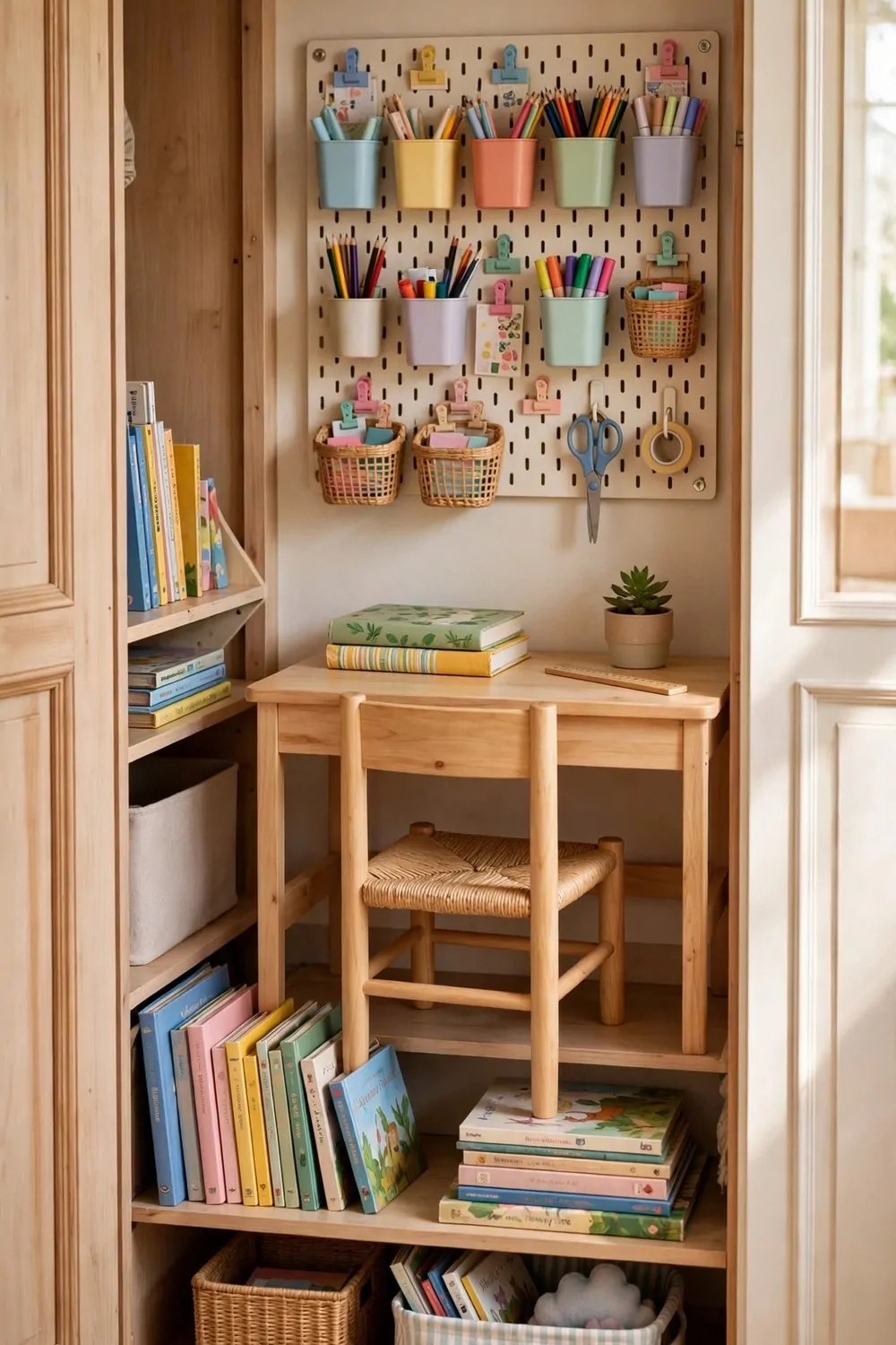 17 Closet Converted to Office Projects Worth Copying 11 A small kids' homework nook inside a closet, colorful pegboard, small chair, books on low shelves