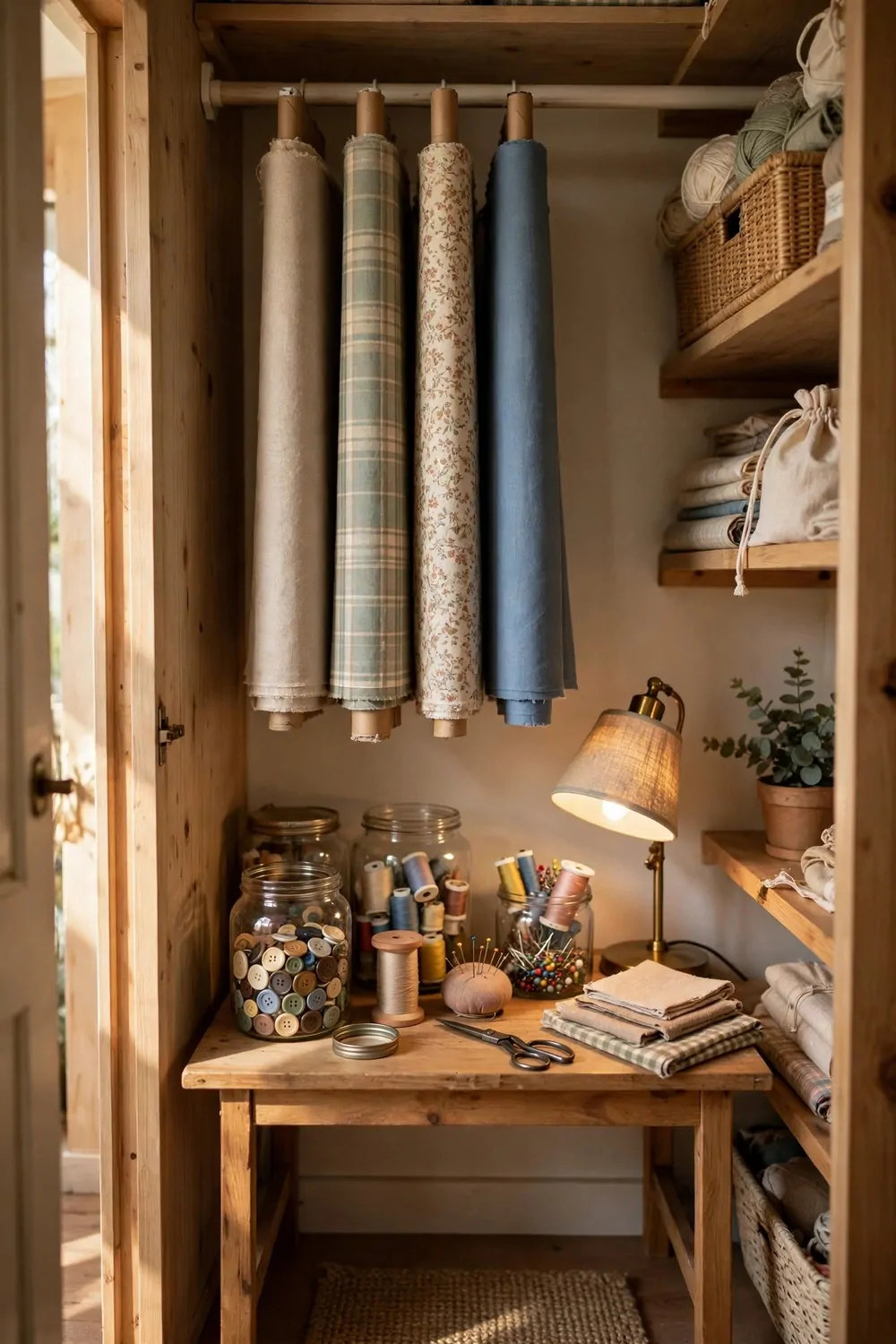 17 Closet Converted to Office Projects Worth Copying 12 A craft corner inside a closet, desk with jars of buttons and thread, fabric rolls on a rail, small lamp