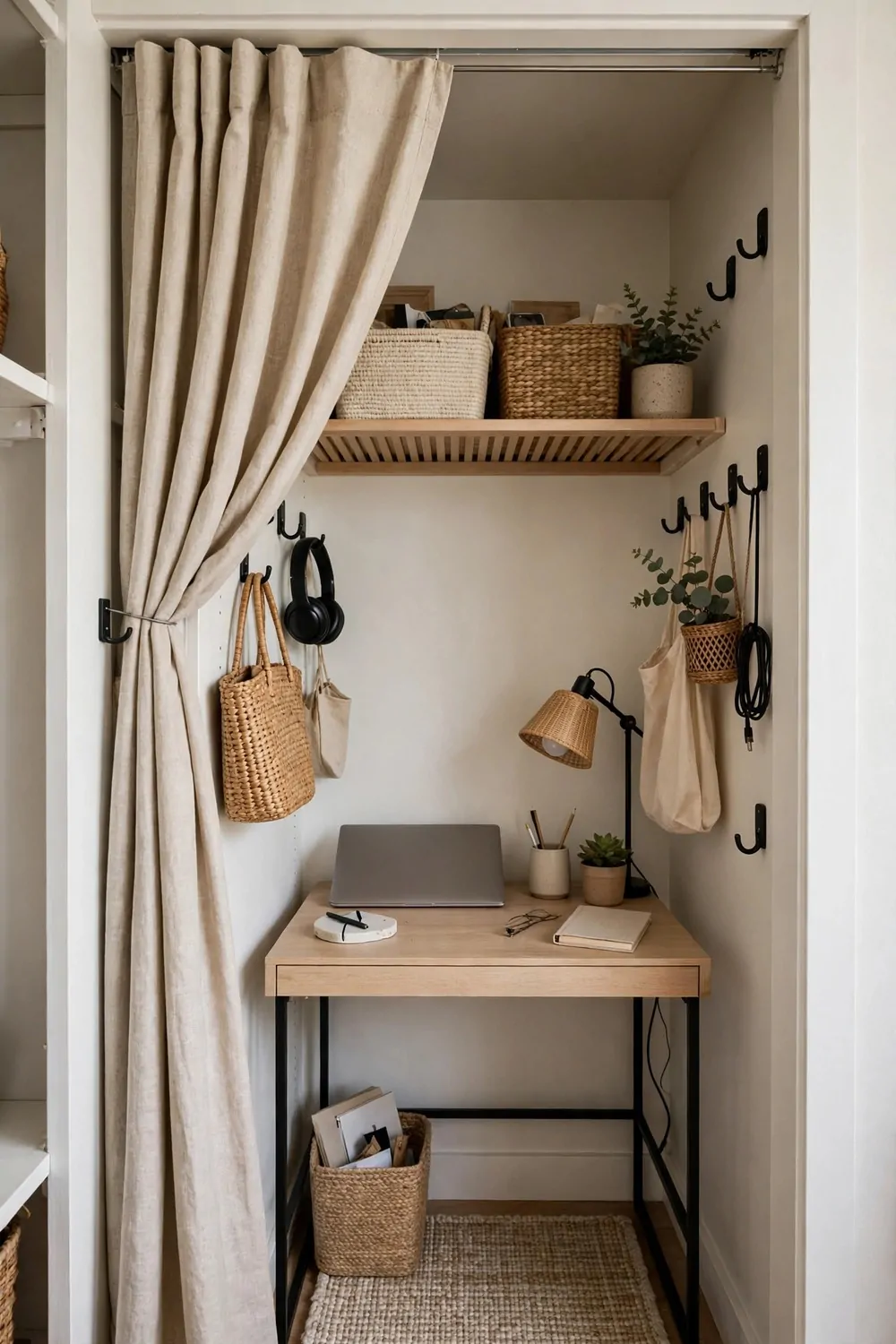 17 Closet Converted to Office Projects Worth Copying 13 A renter-friendly closet office with a tension rod curtain, removable hooks and a freestanding desk