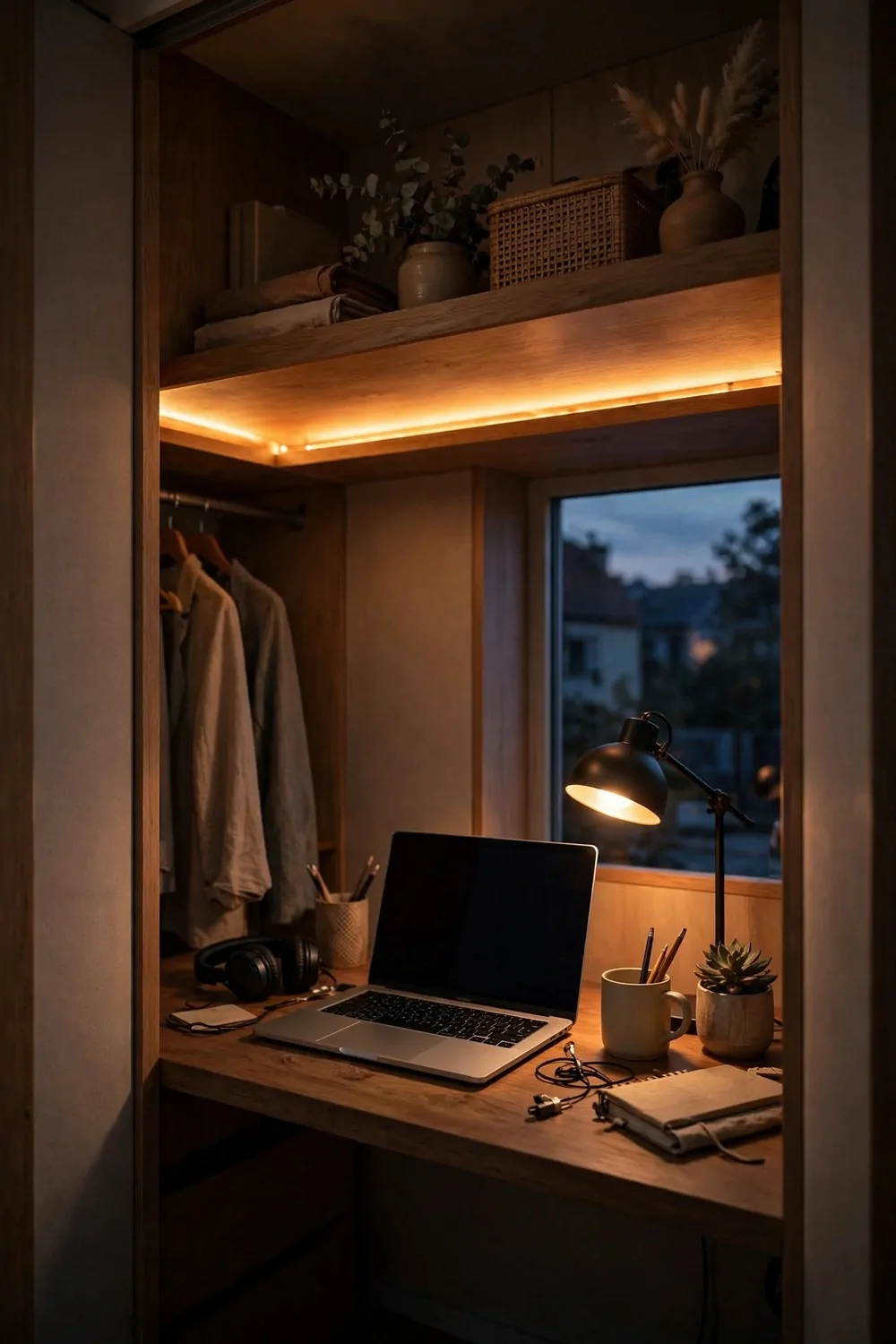 17 Closet Converted to Office Projects Worth Copying 14 An LED strip glowing warm under a shelf above a closet desk at dusk, laptop and lamp below