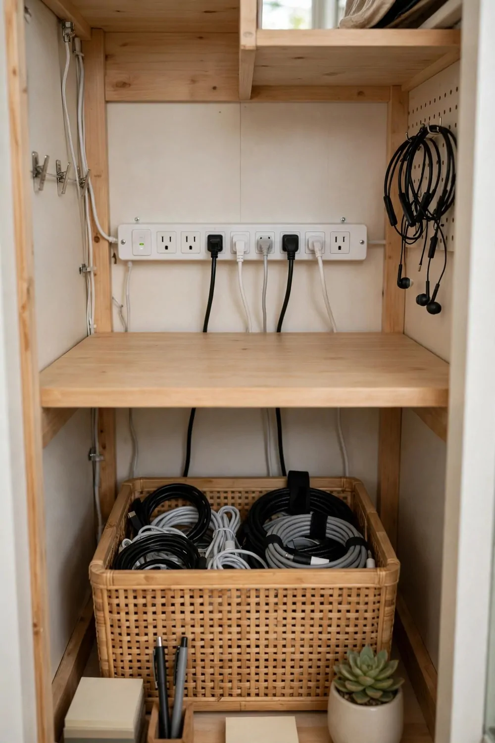 17 Closet Converted to Office Projects Worth Copying 15 Tidy cables in a woven basket under a closet desk, a power strip mounted on the wall