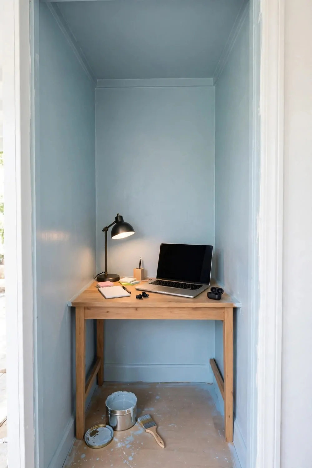 17 Closet Converted to Office Projects Worth Copying 16 A freshly painted pale blue closet interior with a wooden desk, laptop and small lamp, paint tin and brush on the floor