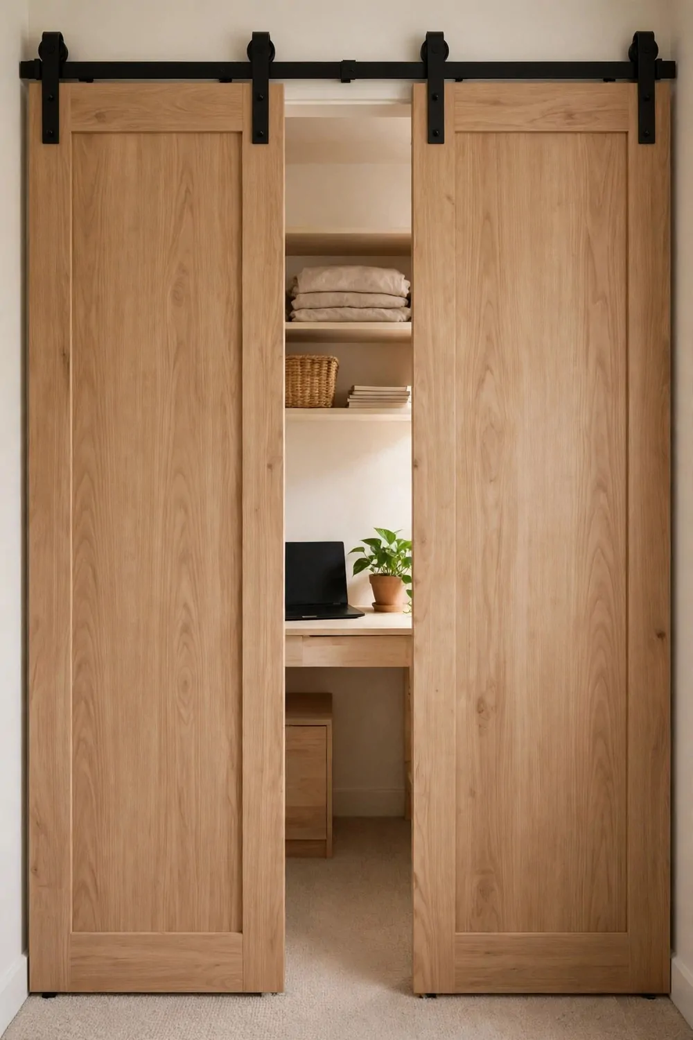 17 Closet Converted to Office Projects Worth Copying 17 A tidy closet office with a cleared desk, closed laptop and plant, closet doors sliding shut