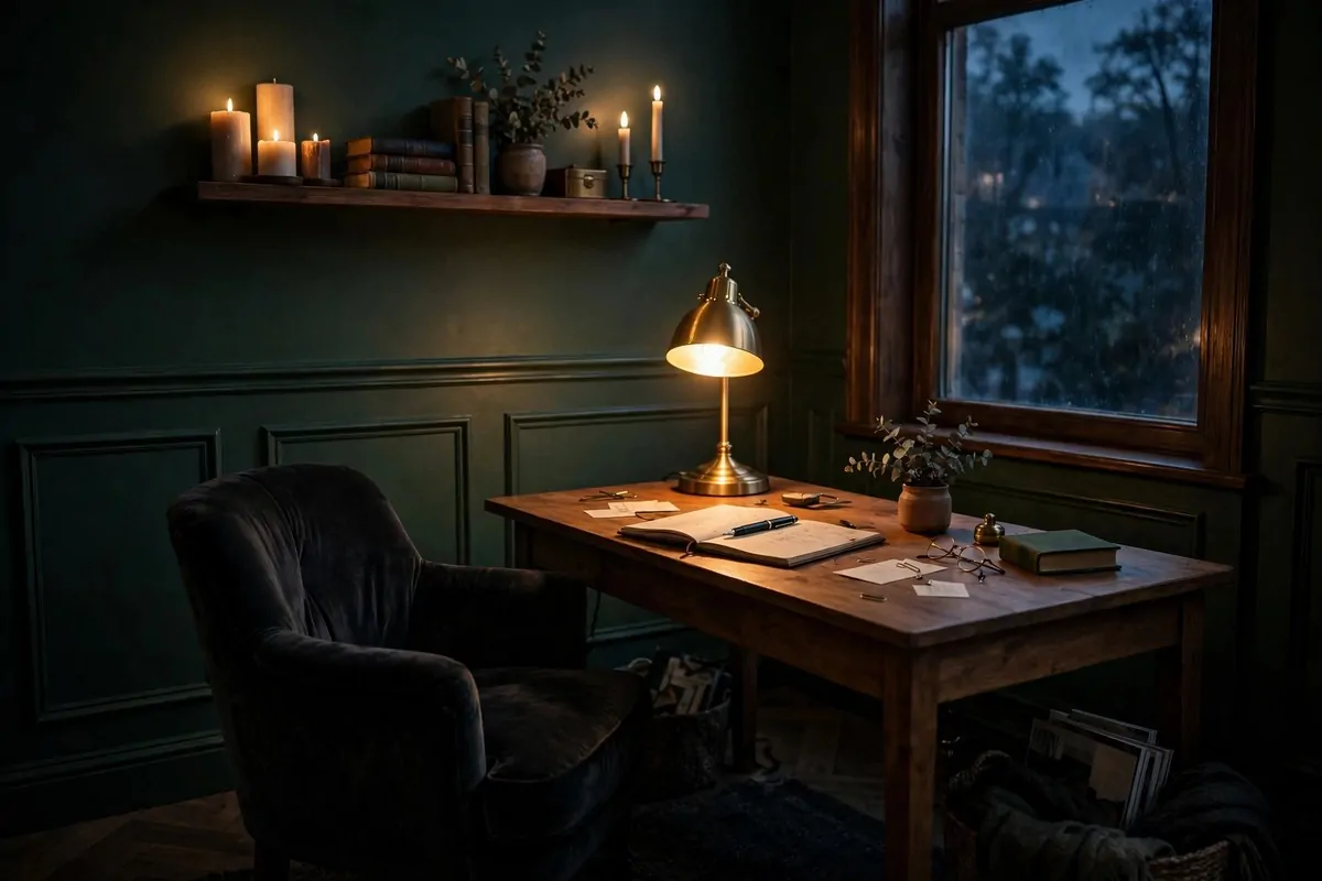 A dark cozy home office with a deep green wall, wooden desk with a warm brass lamp glowing, dark velvet chair, candles on a shelf, moody evening light