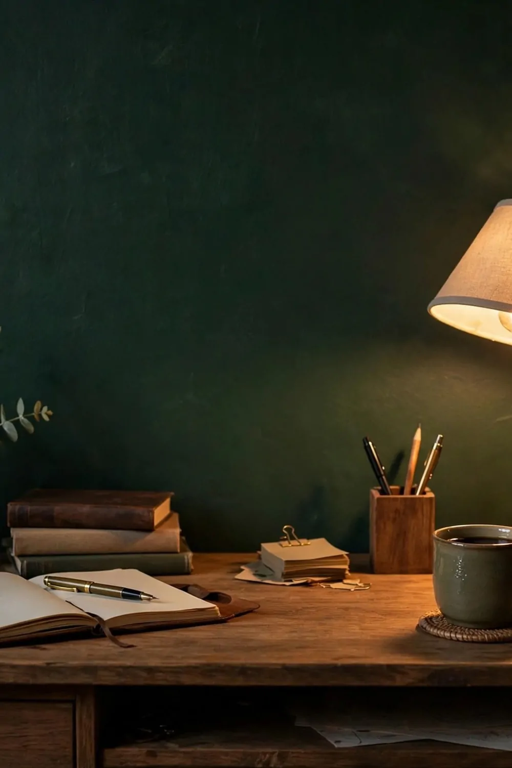 17 Dark Cozy Office Ideas With Moody, Rich Textures 1 A deep dark green painted wall behind a wooden home office desk, warm lamp glow, moody cozy light