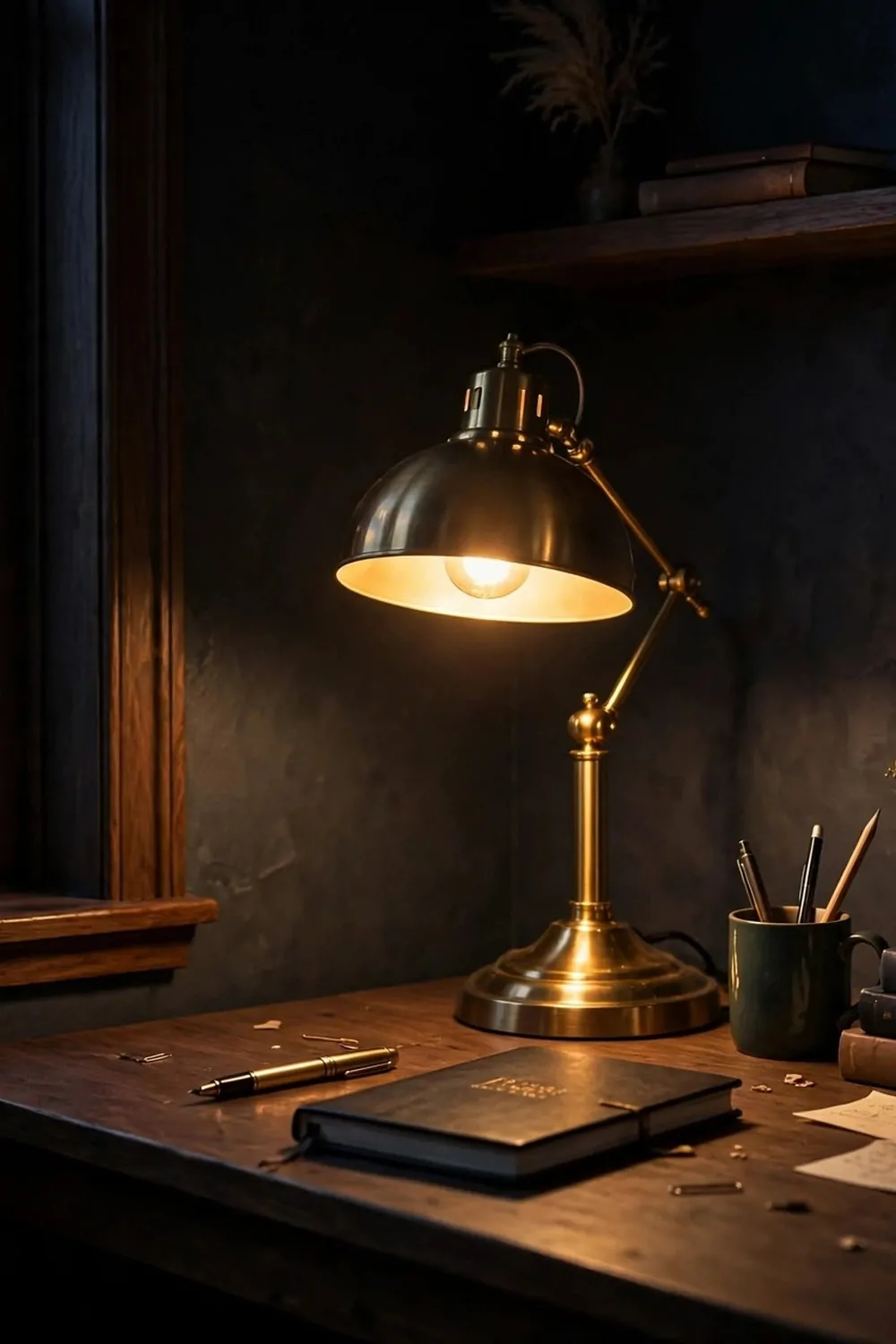 17 Dark Cozy Office Ideas With Moody, Rich Textures 2 A warm brass desk lamp glowing in a dark cozy home office corner, evening light, dark walls