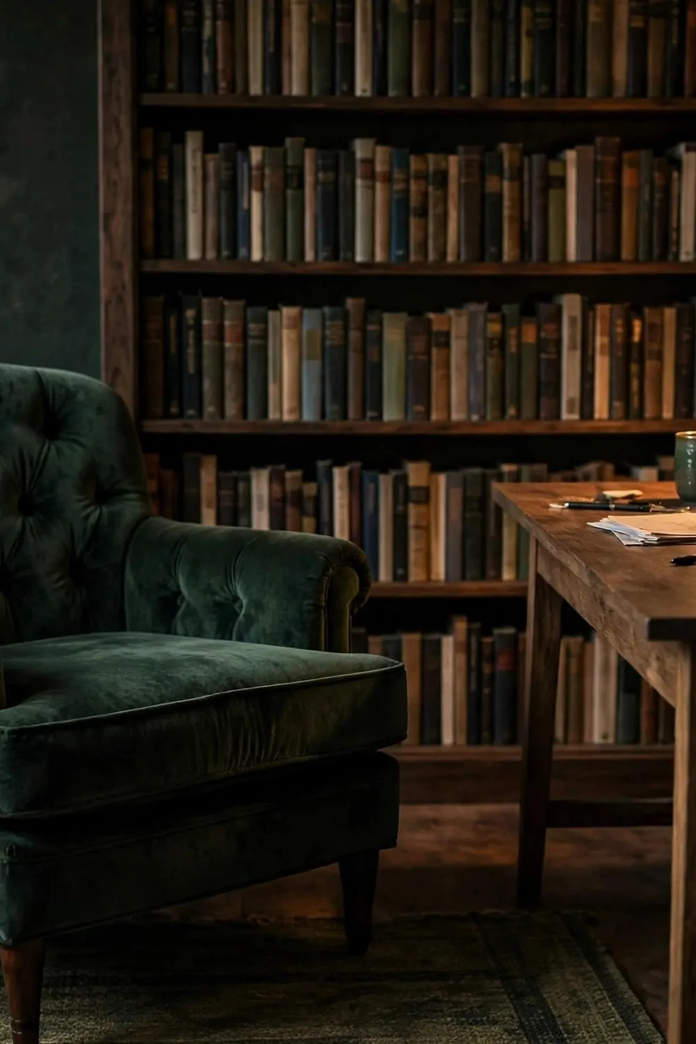 17 Dark Cozy Office Ideas With Moody, Rich Textures 4 A dark velvet armchair in deep forest green beside a home office desk, warm lamp light, moody cozy room