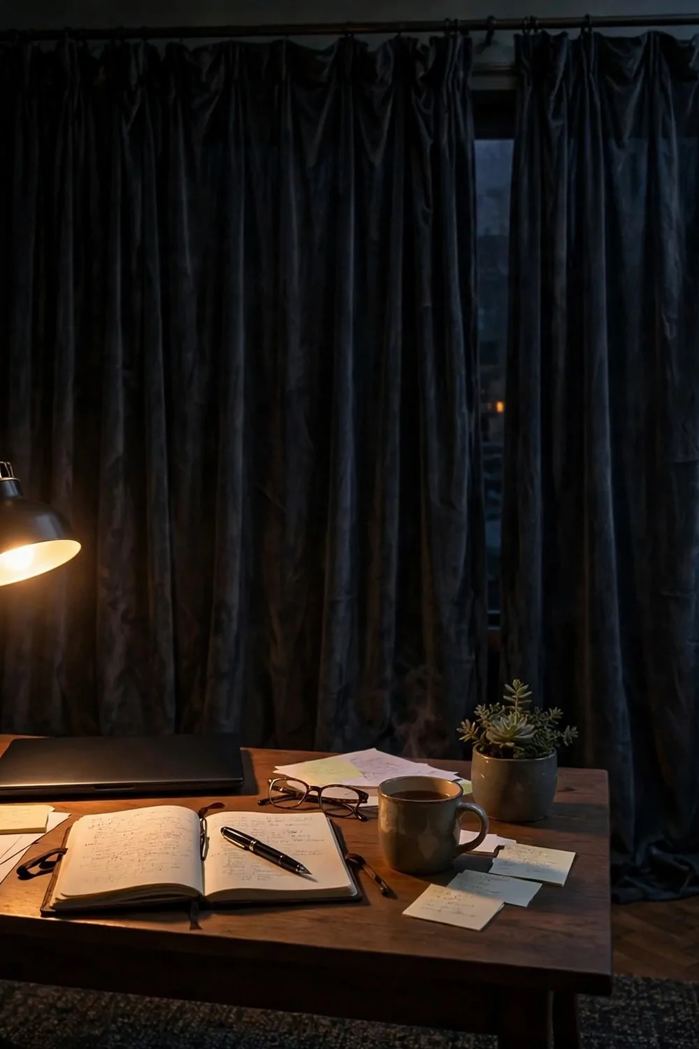 17 Dark Cozy Office Ideas With Moody, Rich Textures 5 Heavy dark curtains in a home office, warm lamp light glowing, moody evening
