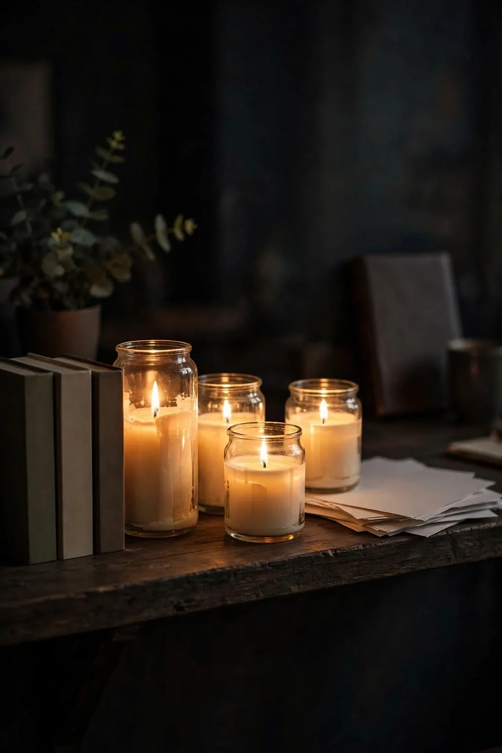 17 Dark Cozy Office Ideas With Moody, Rich Textures 6 Candles in glass jars on a dark wooden shelf in a home office, warm glow, moody dark room