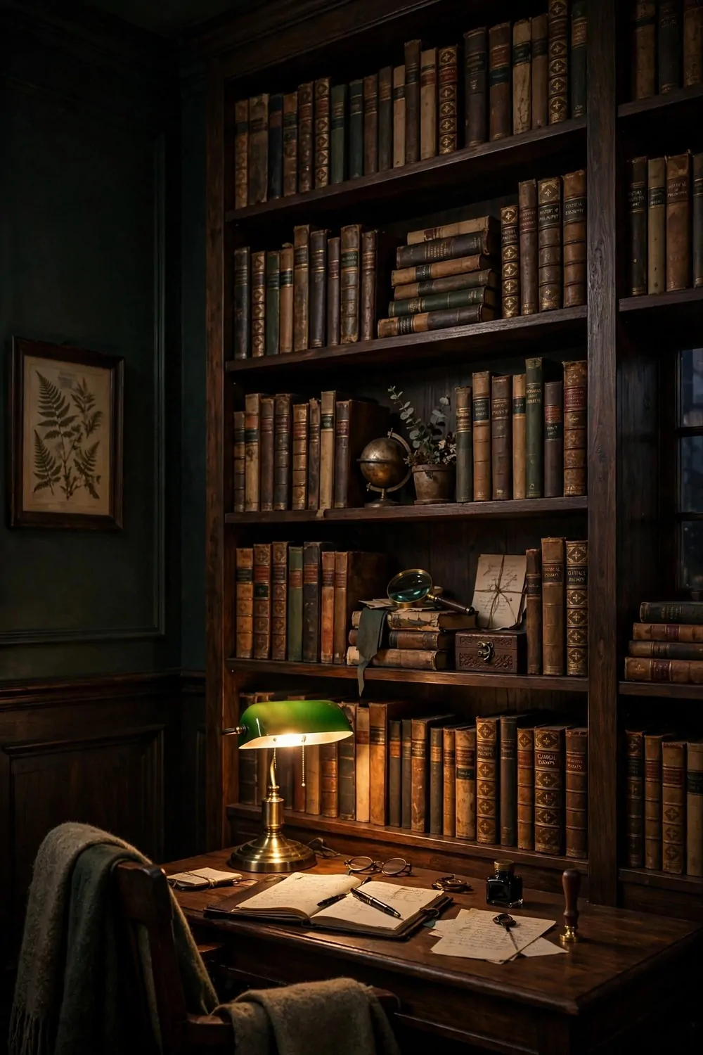 17 Dark Cozy Office Ideas With Moody, Rich Textures 7 Dark wooden bookshelves full of old books in a home office, warm lamp light, moody cozy