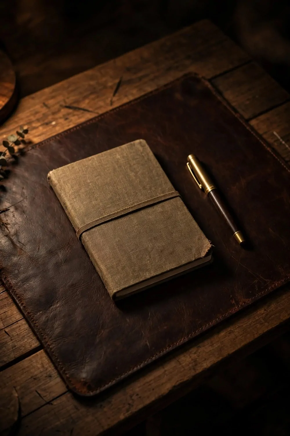 17 Dark Cozy Office Ideas With Moody, Rich Textures 8 A dark brown leather desk mat on a wooden desk with a notebook and pen, moody warm light