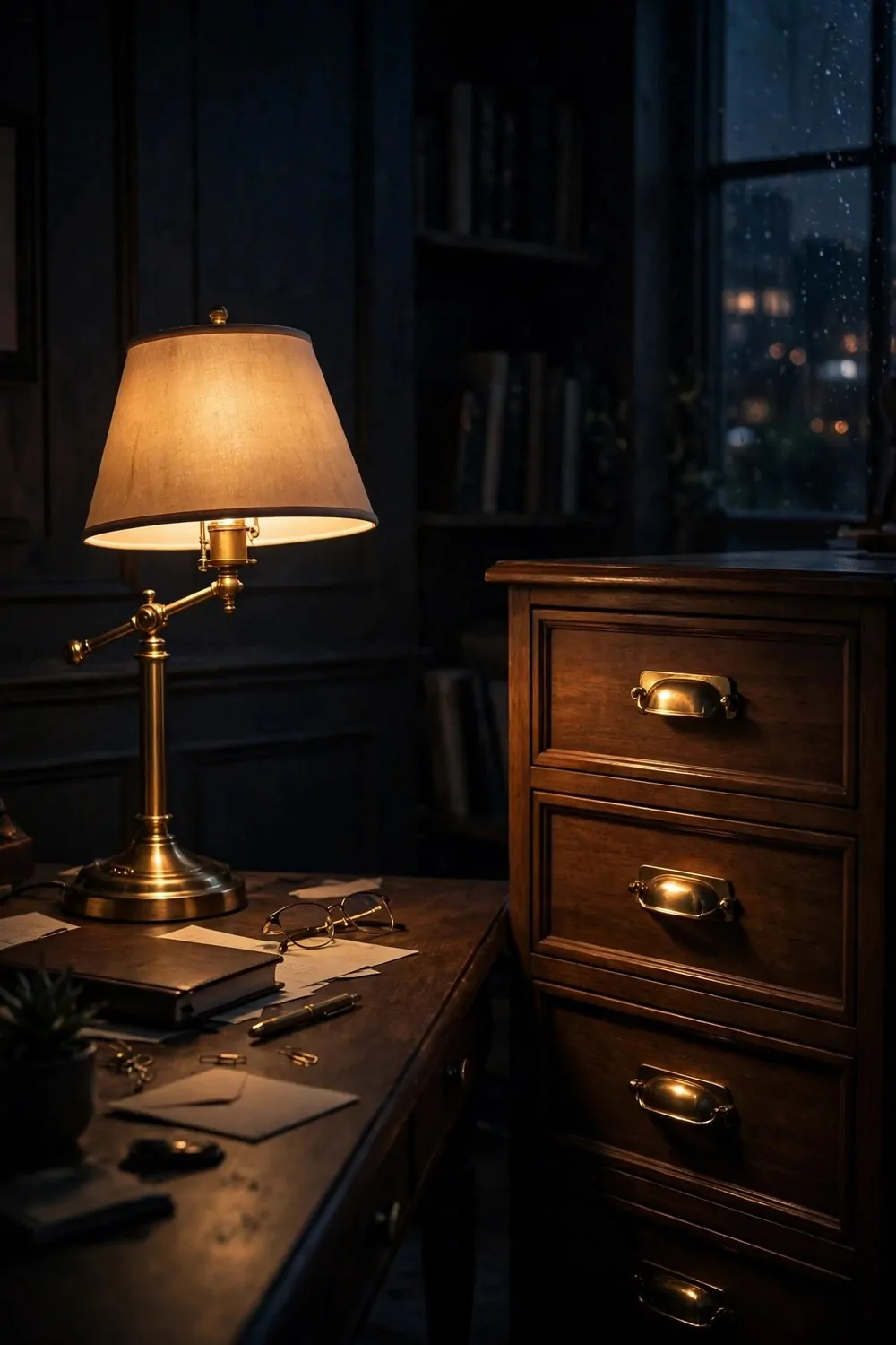 17 Dark Cozy Office Ideas With Moody, Rich Textures 9 A brass desk lamp and brass drawer handles glowing warm in a dark home office, moody evening