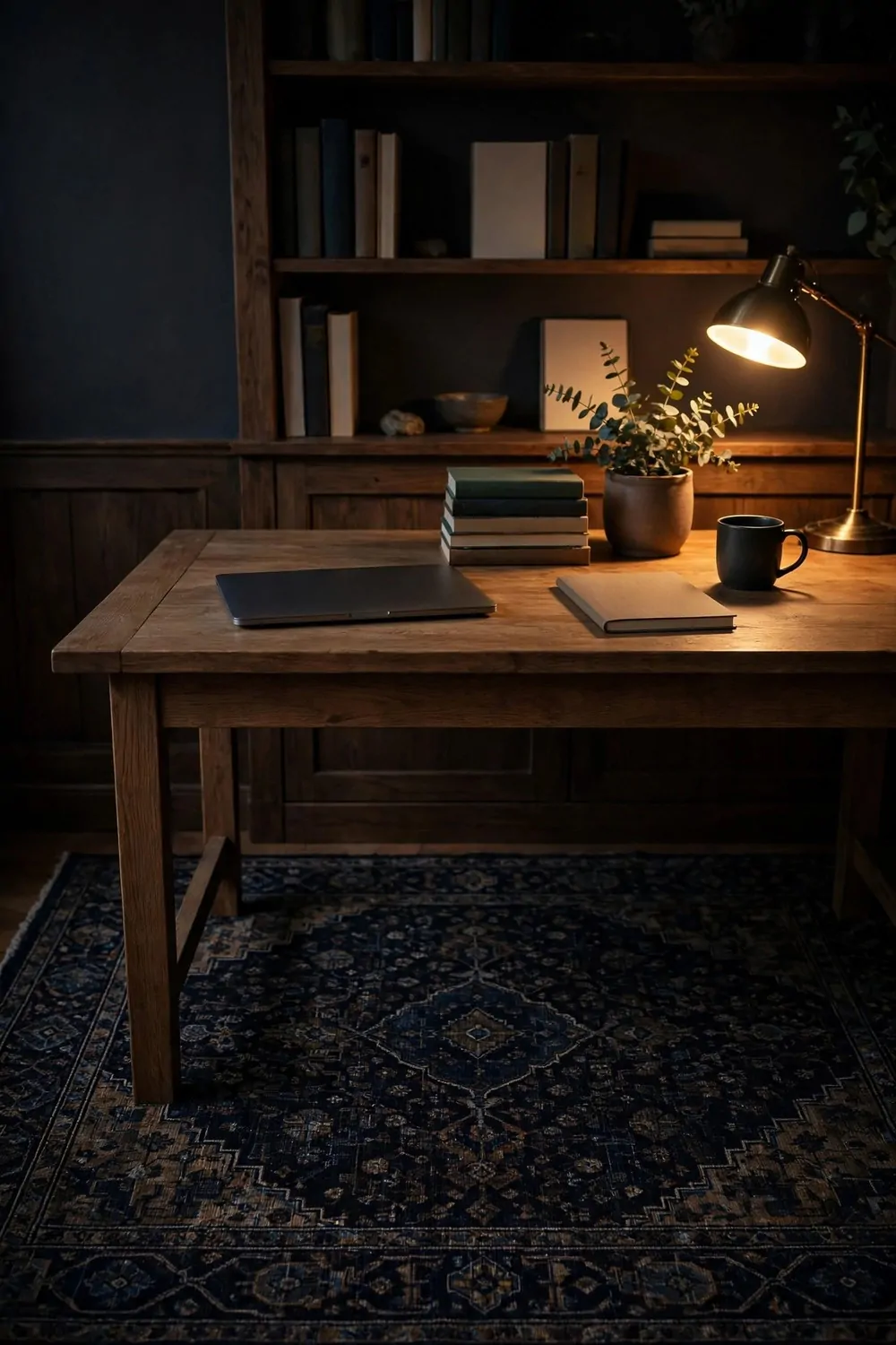 17 Dark Cozy Office Ideas With Moody, Rich Textures 10 A dark patterned rug under a wooden desk in a moody home office, warm light