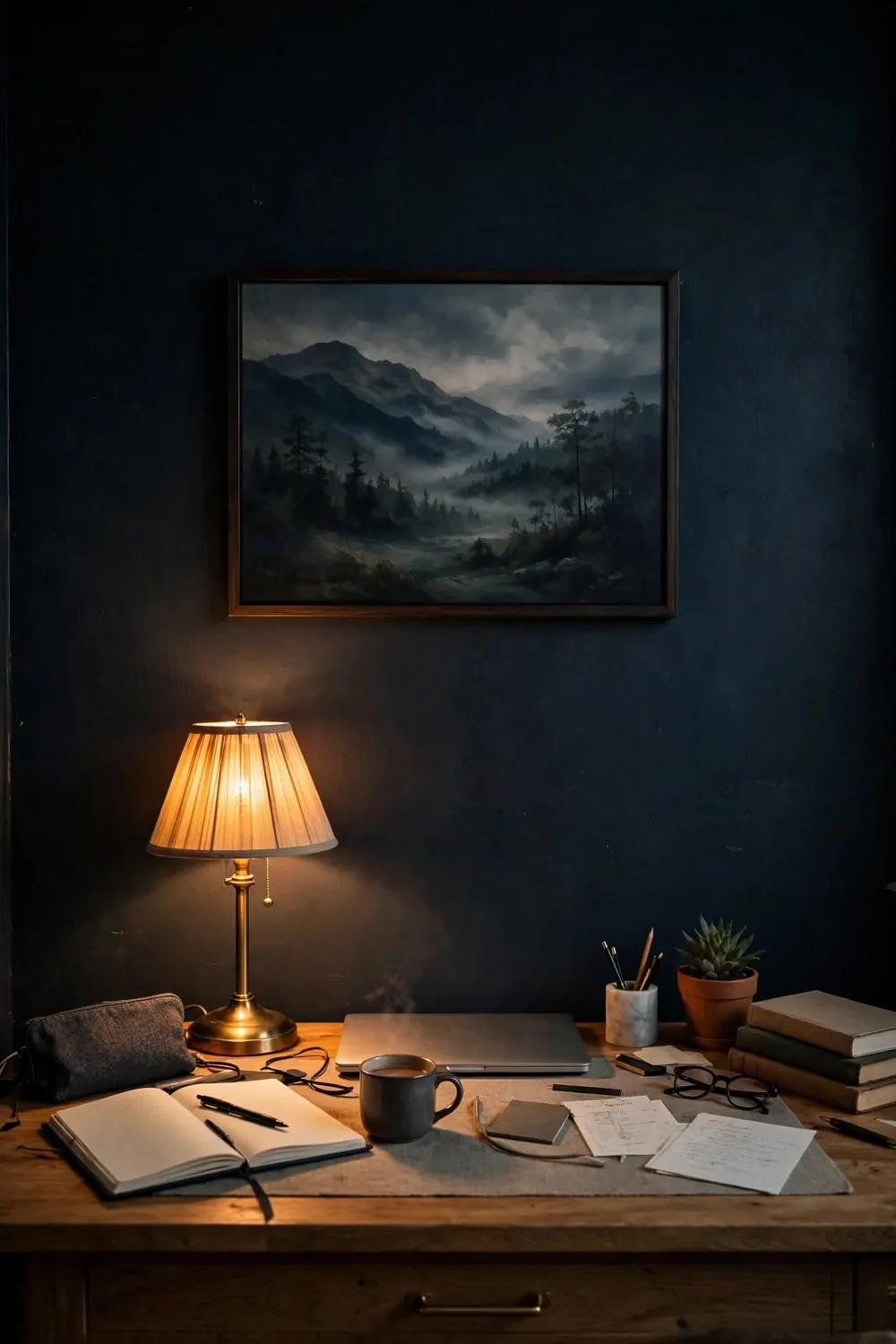17 Dark Cozy Office Ideas With Moody, Rich Textures 11 Moody framed art on a dark painted wall above a home office desk, warm lamp glow