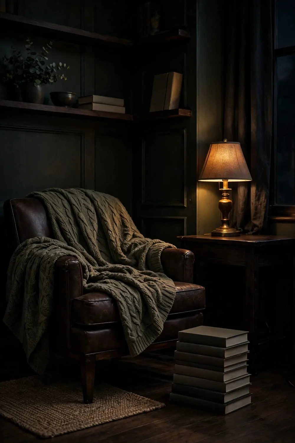 17 Dark Cozy Office Ideas With Moody, Rich Textures 12 A dark cozy reading nook in a home office corner, armchair with a blanket, warm lamp, stack of books, moody light