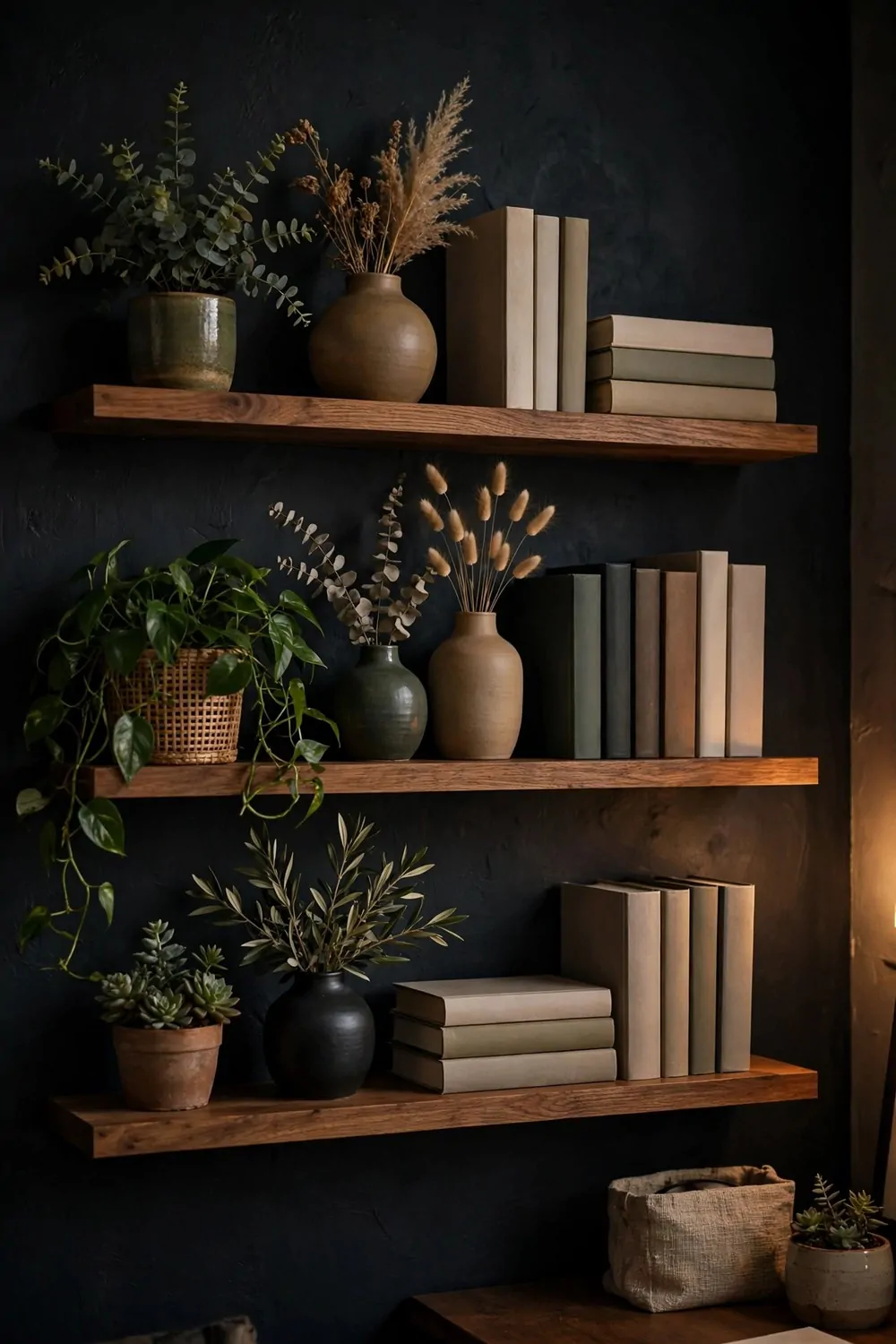 17 Dark Cozy Office Ideas With Moody, Rich Textures 13 A dark painted wall with warm wood shelves in a home office, moody cozy light