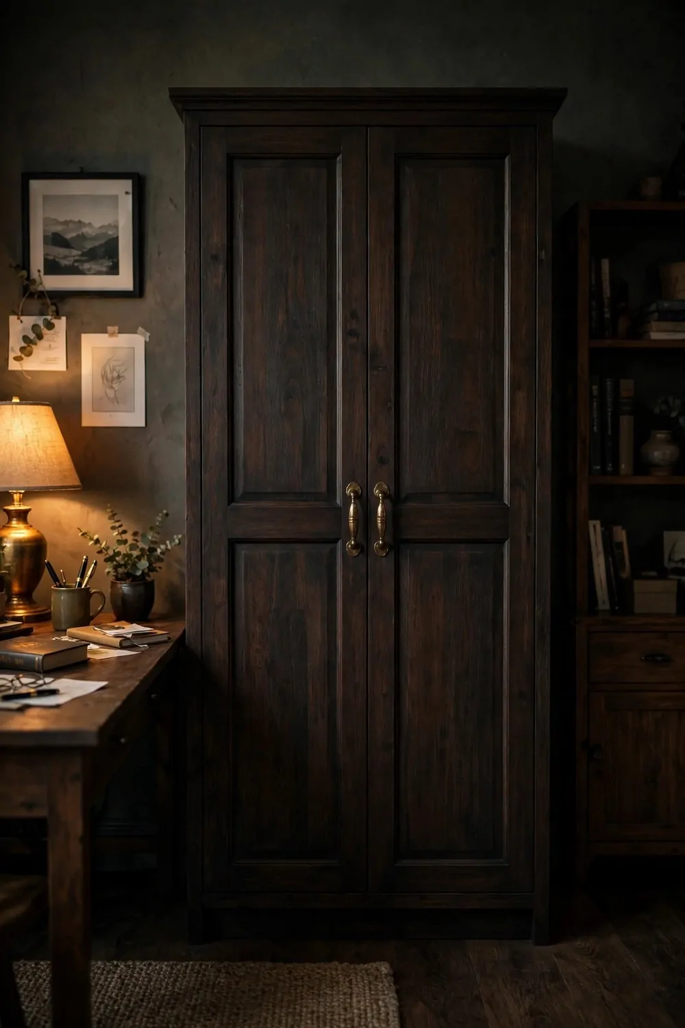 17 Dark Cozy Office Ideas With Moody, Rich Textures 14 A dark wooden cabinet with brass handles in a home office, warm lamp light, moody