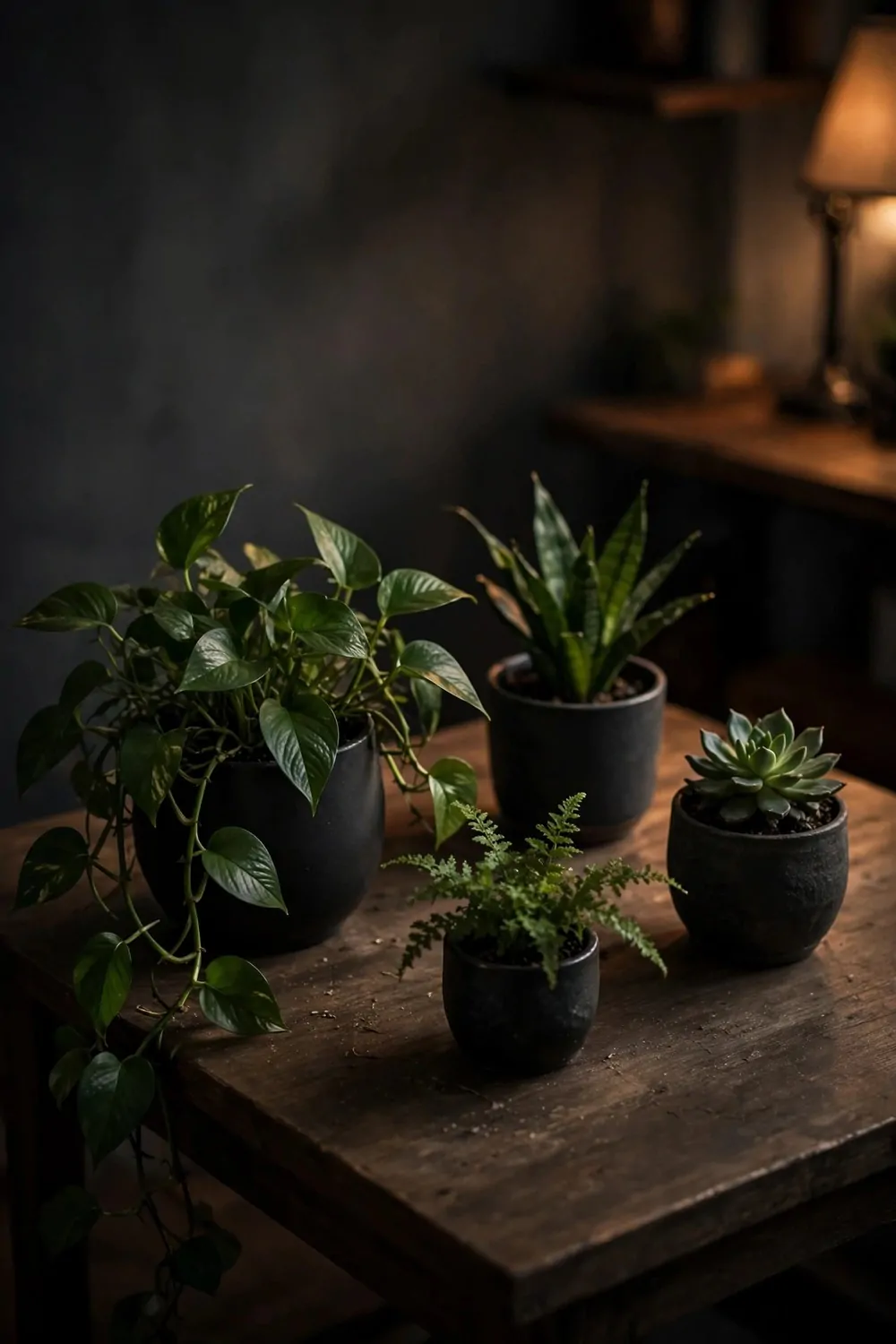 17 Dark Cozy Office Ideas With Moody, Rich Textures 15 Low-light green plants in dark pots on a home office desk, moody warm light